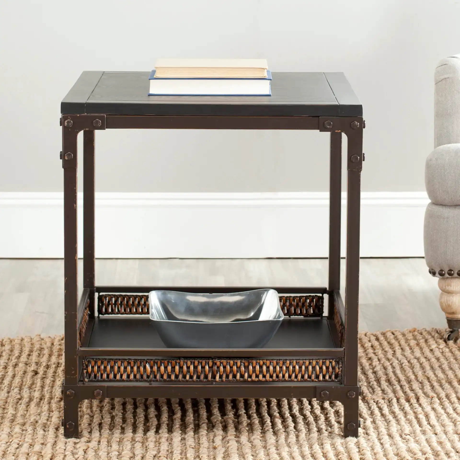 Dinesh End Table in Black / Dark Walnut in a styled room
