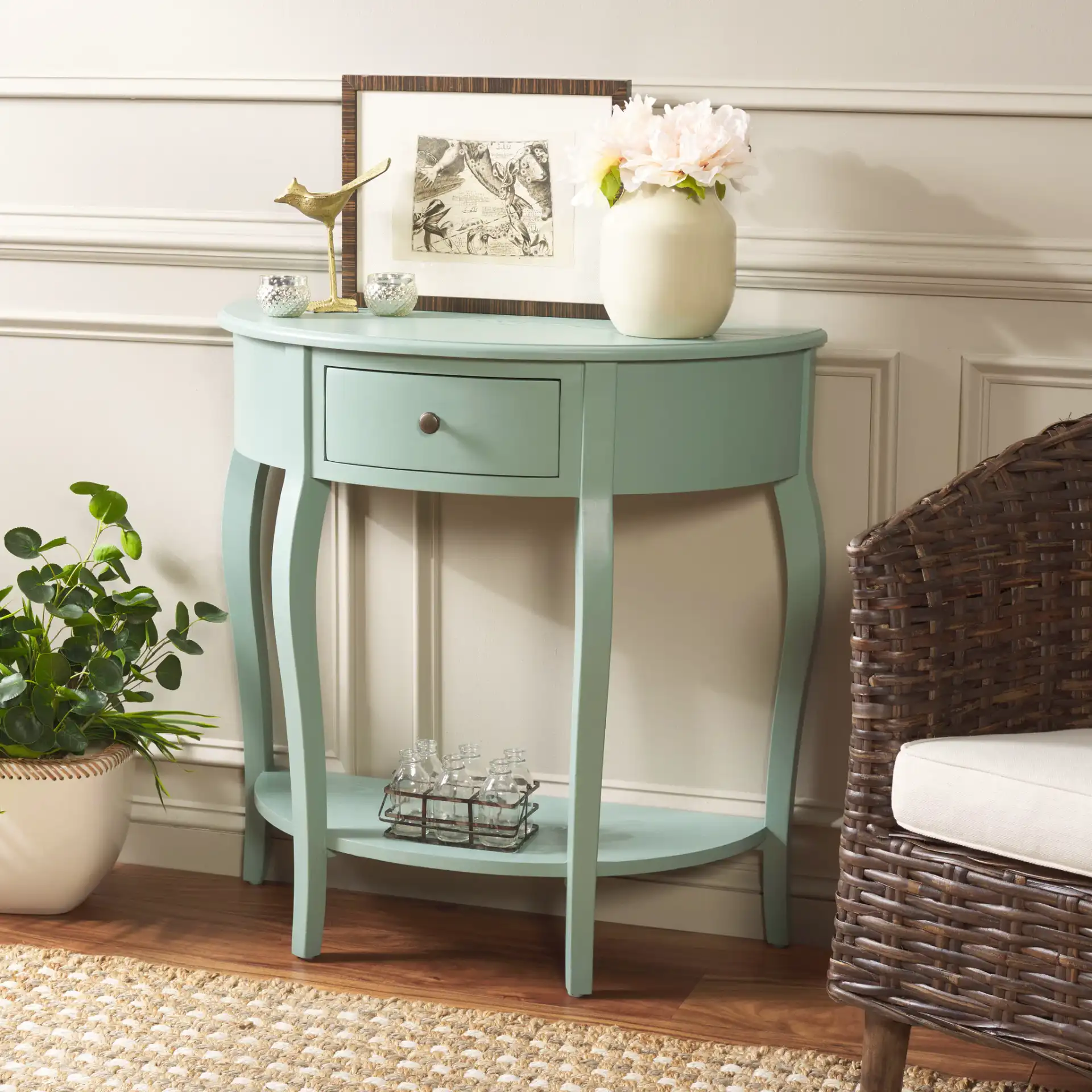 Jan Console in Teal in a styled room