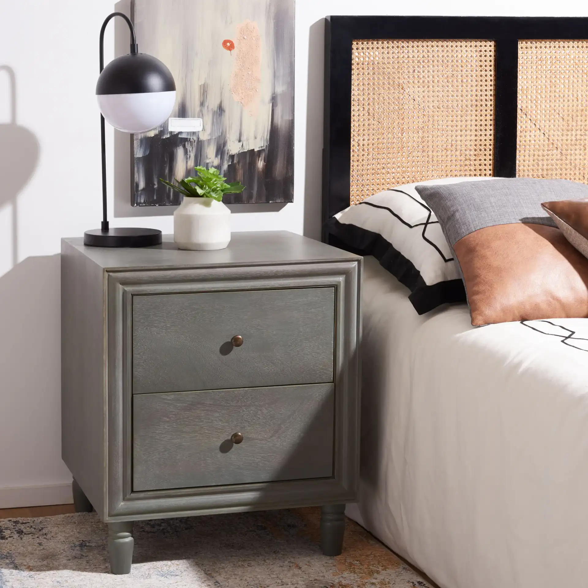 Blaise Night Stand With Storage in Ash Gray in a styled room