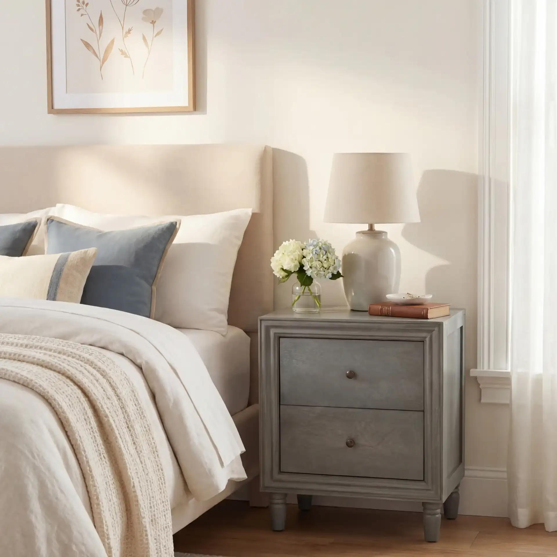Blaise Night Stand With Storage in Ash Gray in a styled room