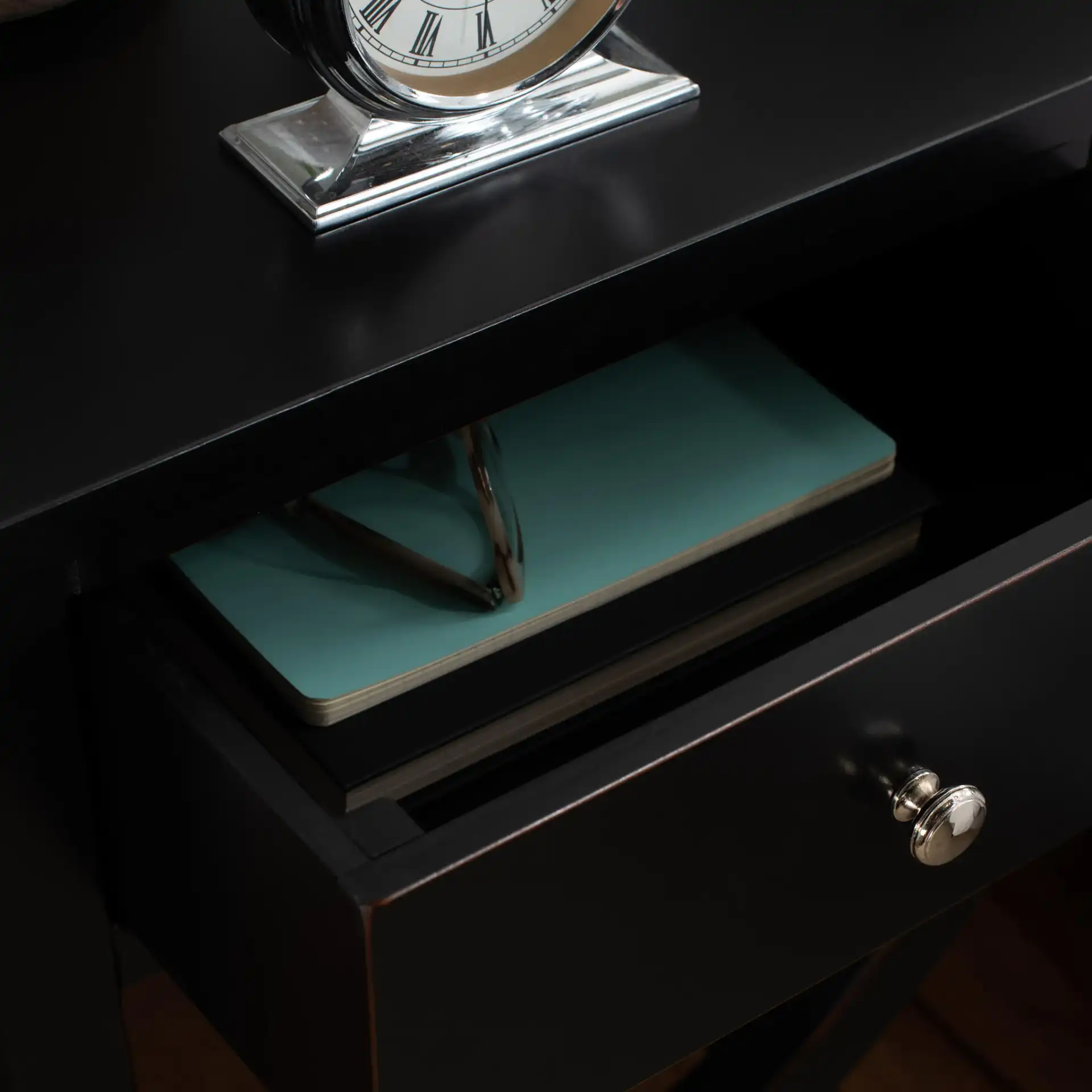 Maxine Accent Table With Storage Drawer in Black in a styled room