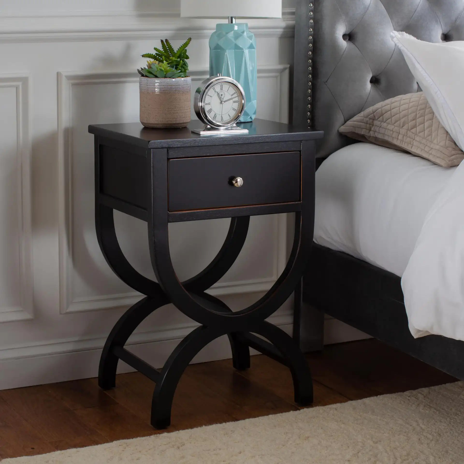 Maxine Accent Table With Storage Drawer in Black in a styled room