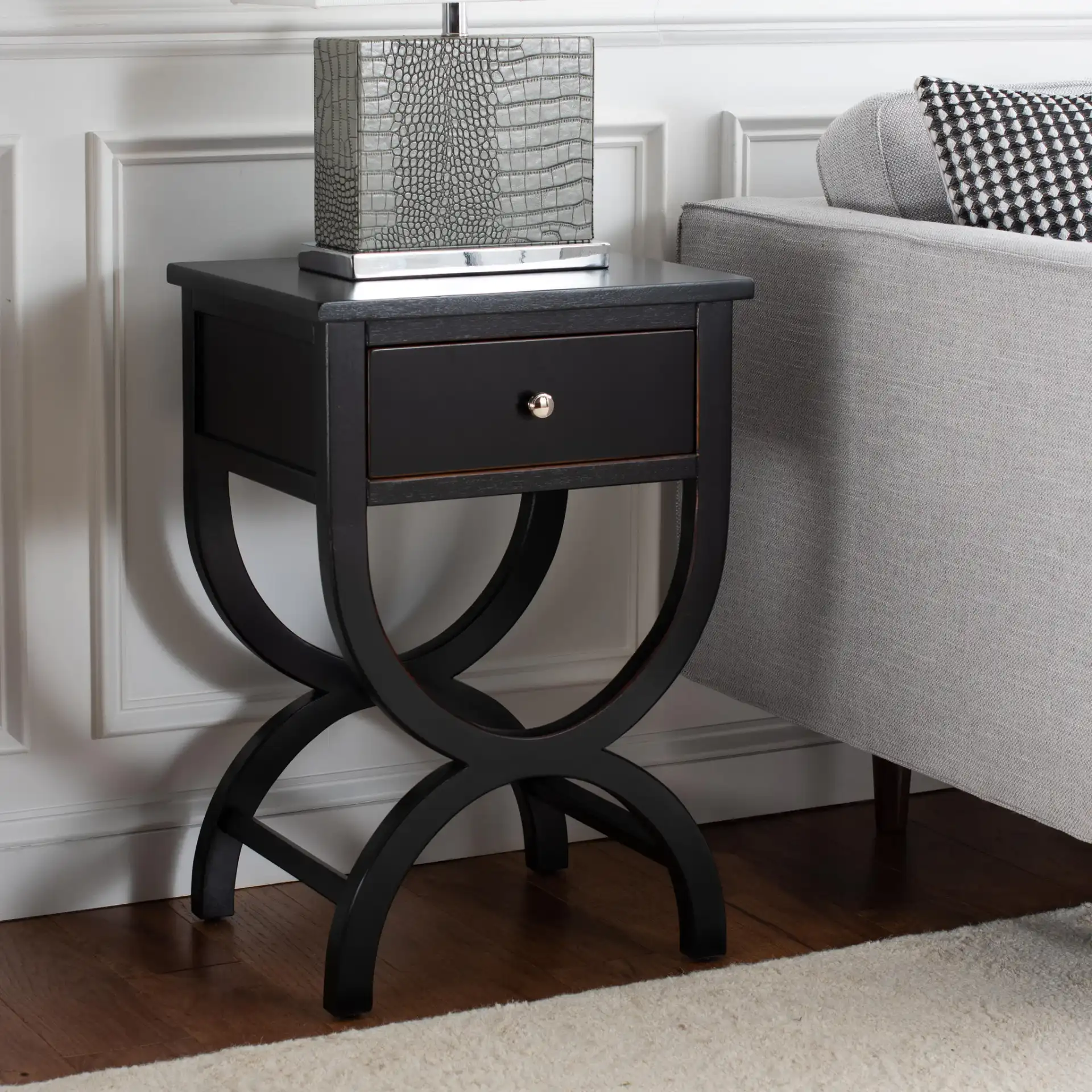 Maxine Accent Table With Storage Drawer in Black in a styled room