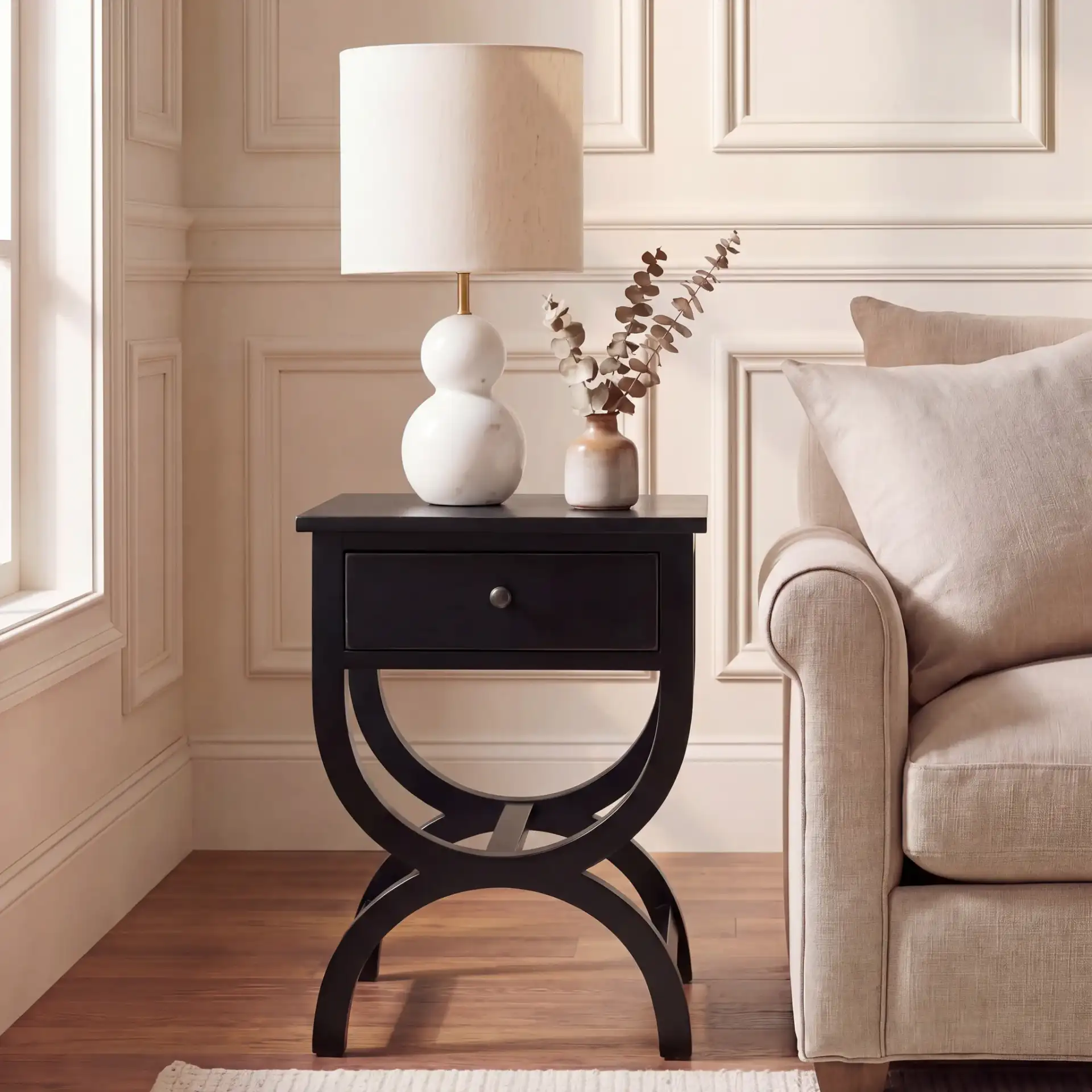 Maxine Accent Table With Storage Drawer in Black in a styled room