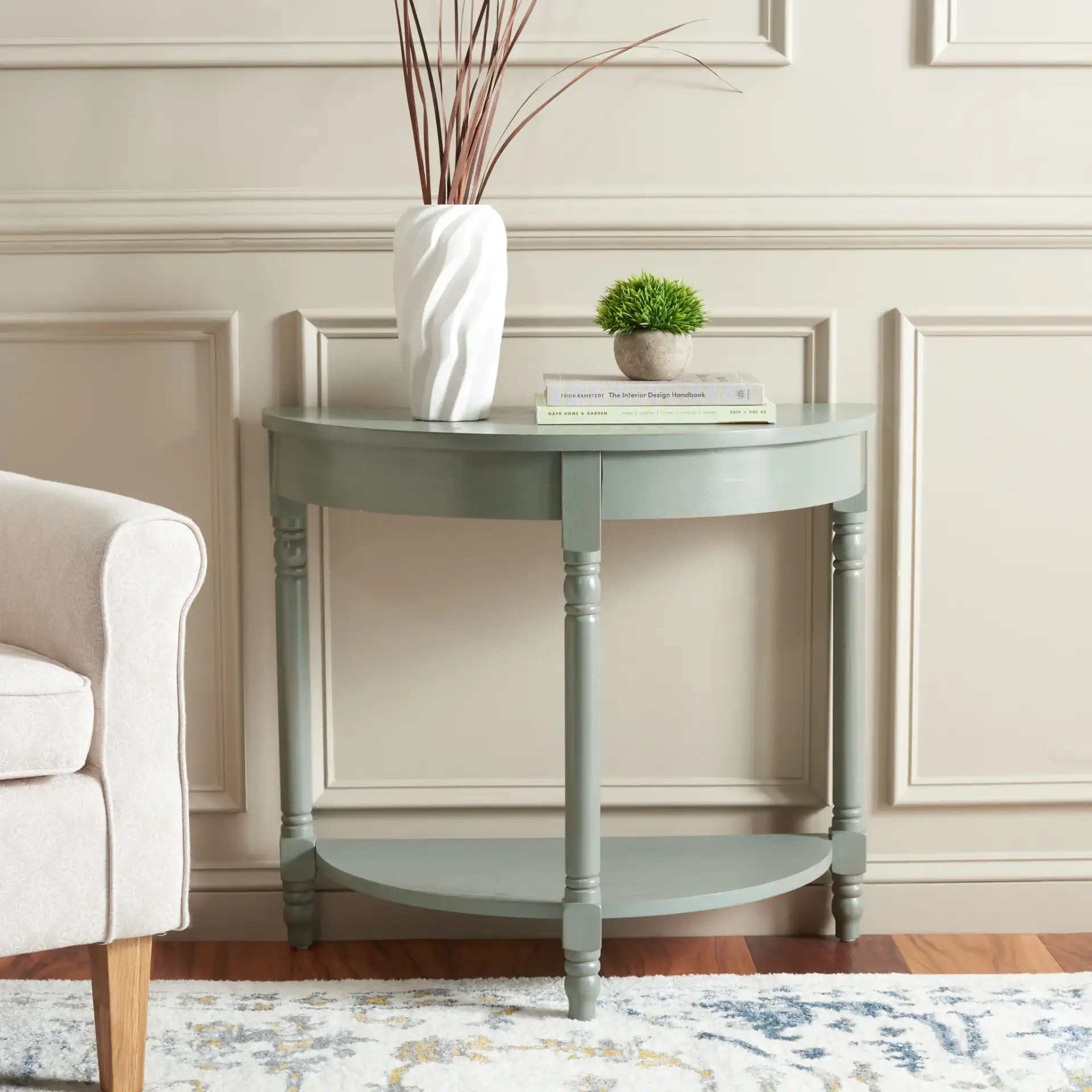 Randell Console in Ash Gray in a styled room