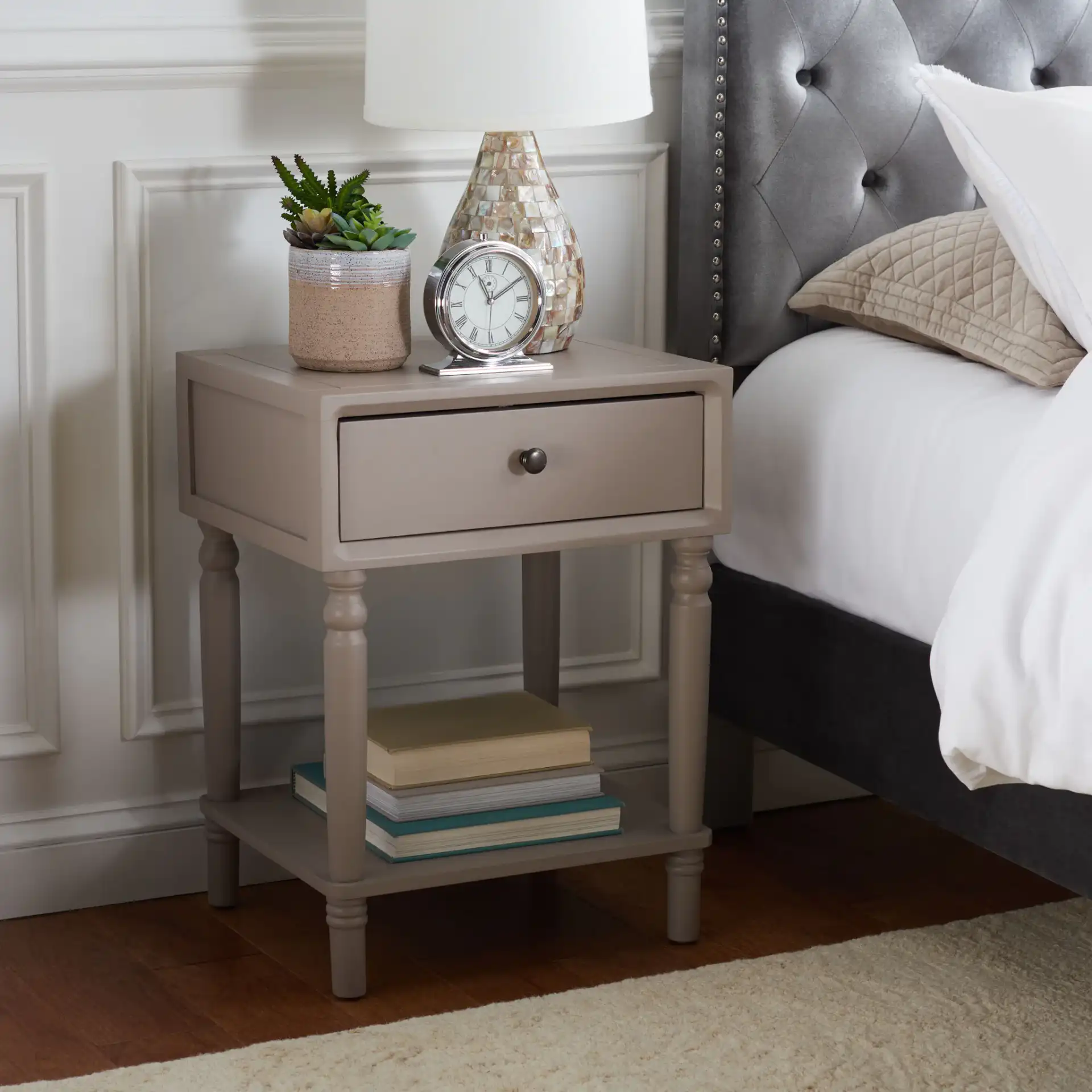 Siobhan Accent Table With Storage Drawer in Gray Mauve in a styled room