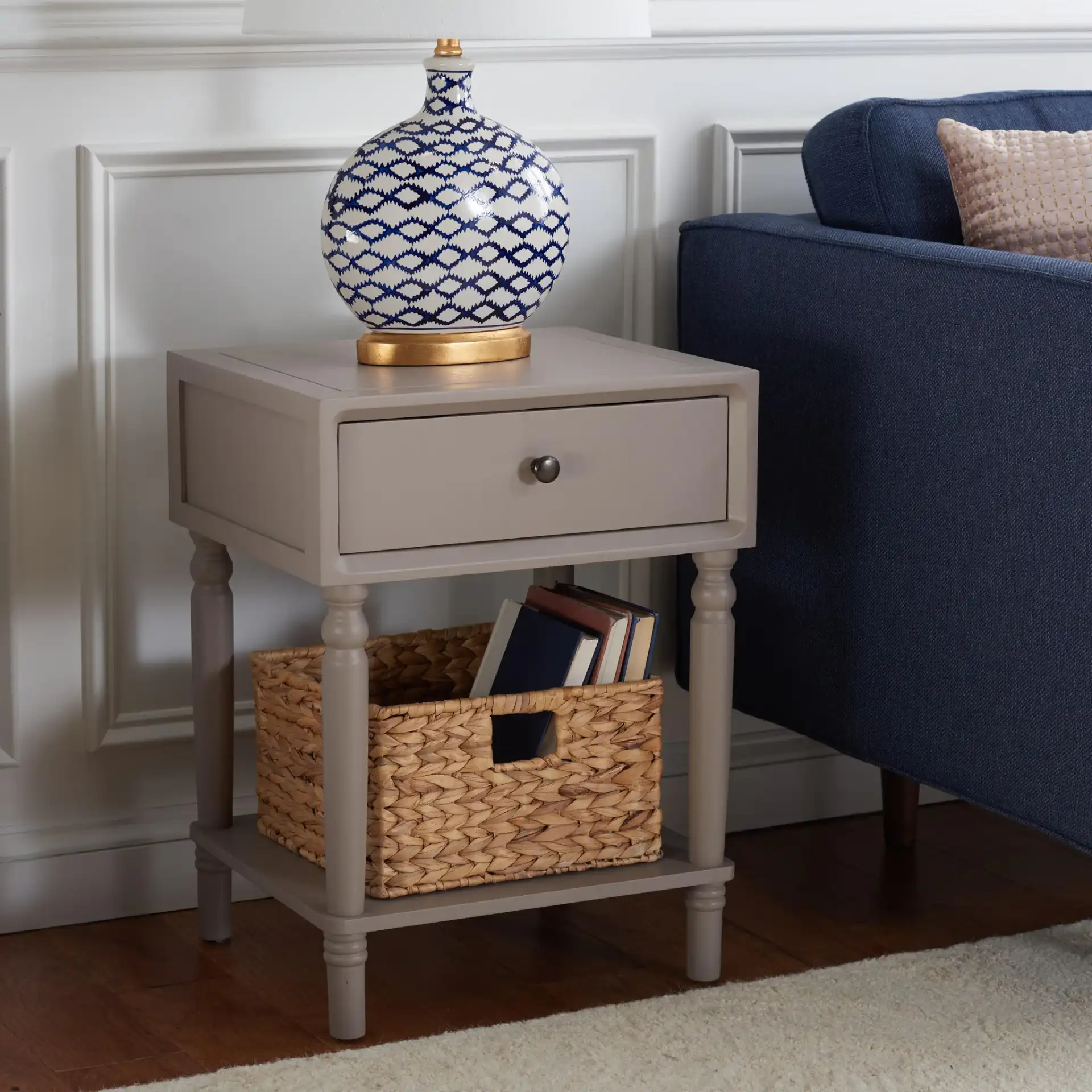 Siobhan Accent Table With Storage Drawer in Gray Mauve in a styled room