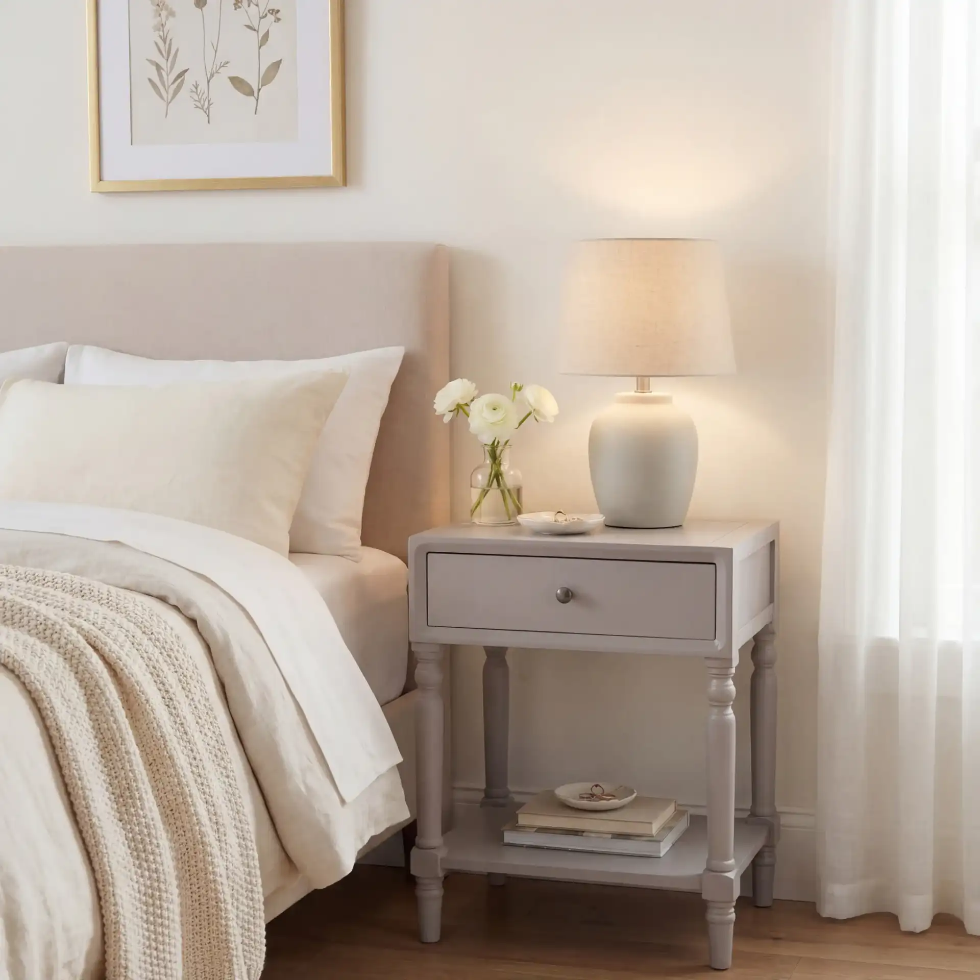 Siobhan Accent Table With Storage Drawer in Gray Mauve in a styled room