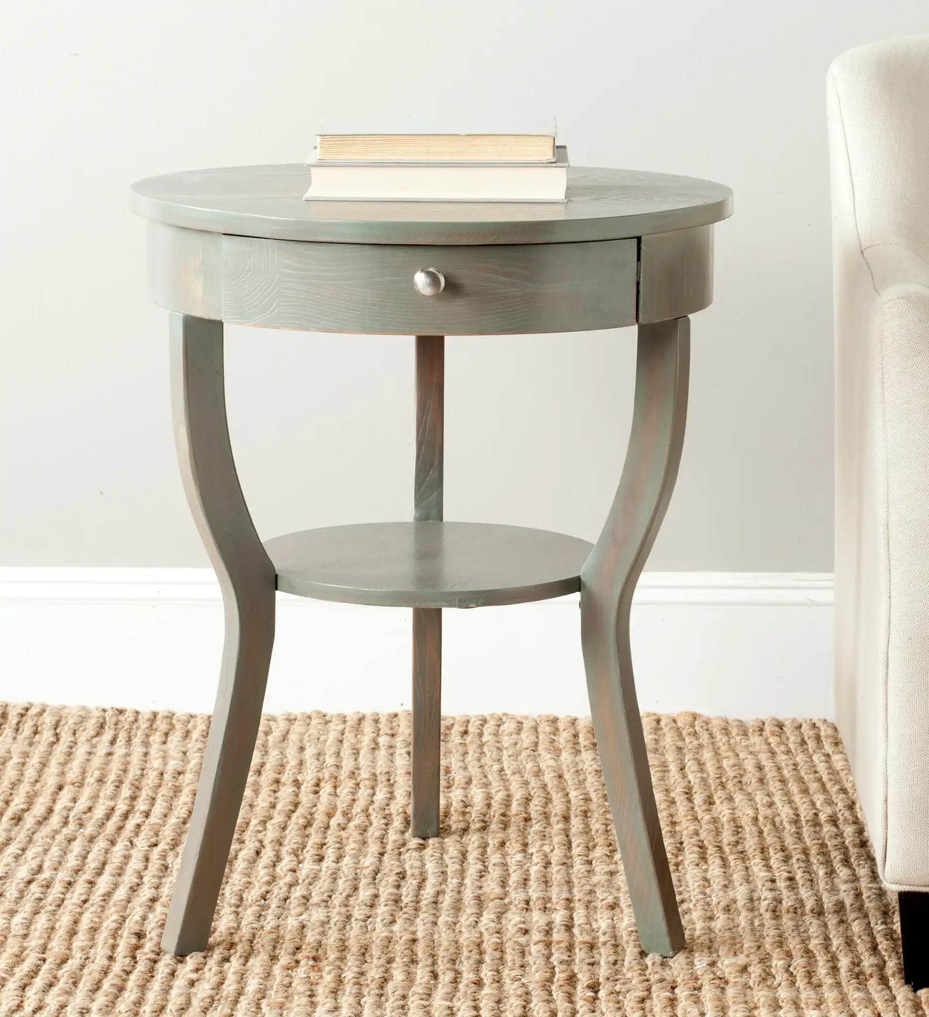 Kendra End Table in Ash Gray in a styled room