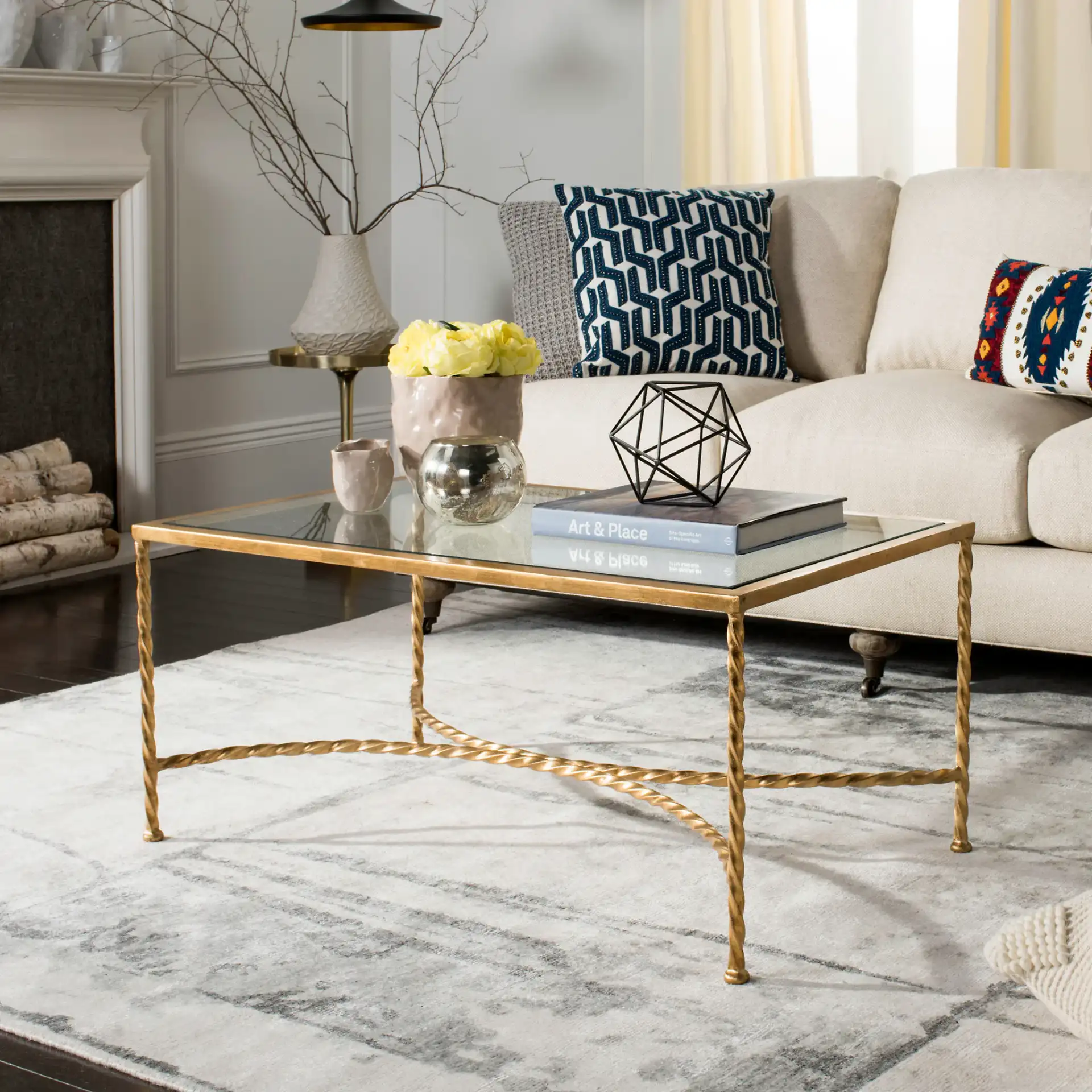Matilda Glass Coffee Table in Gold in a styled room