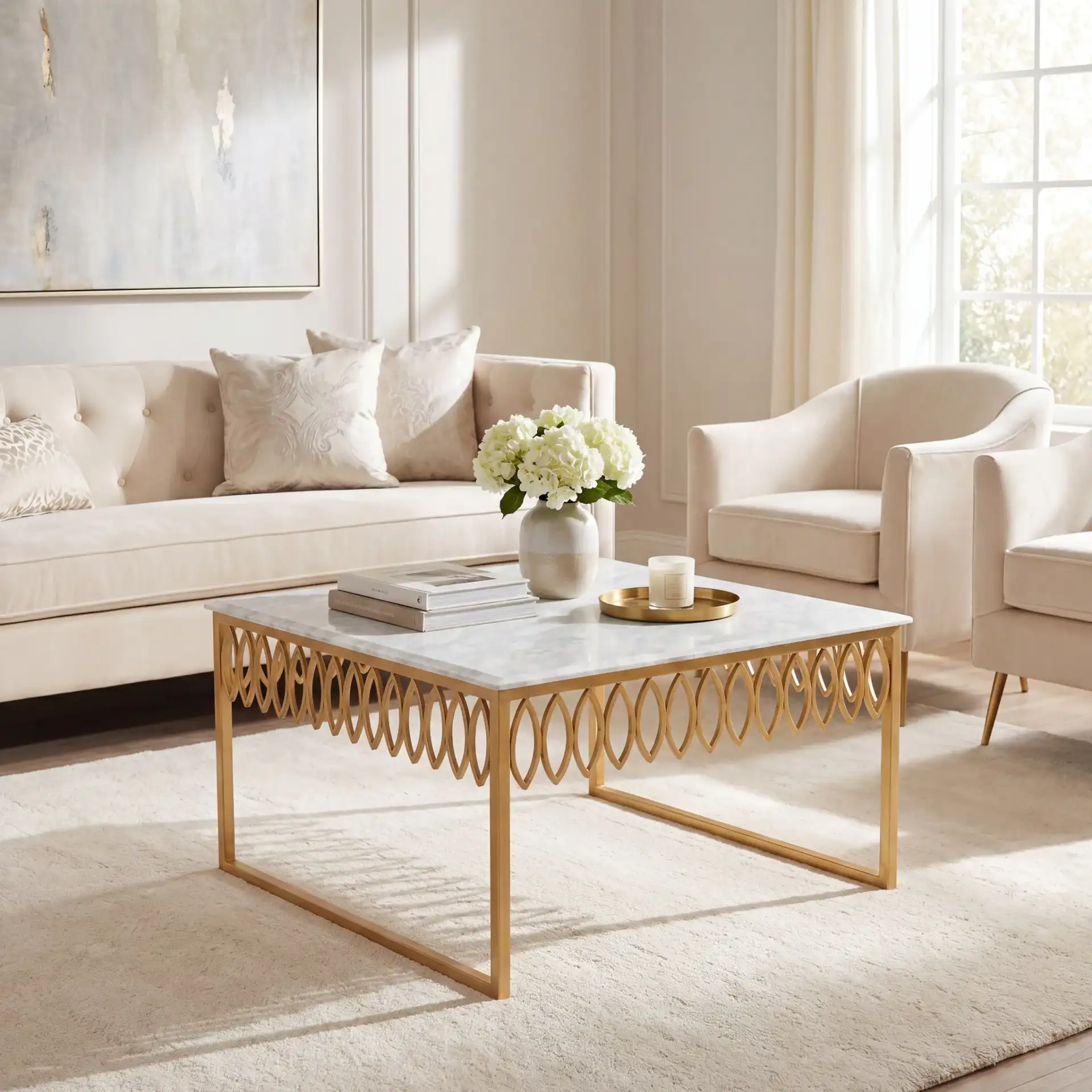 Natalia Cocktail Table in Gold / White in a styled room