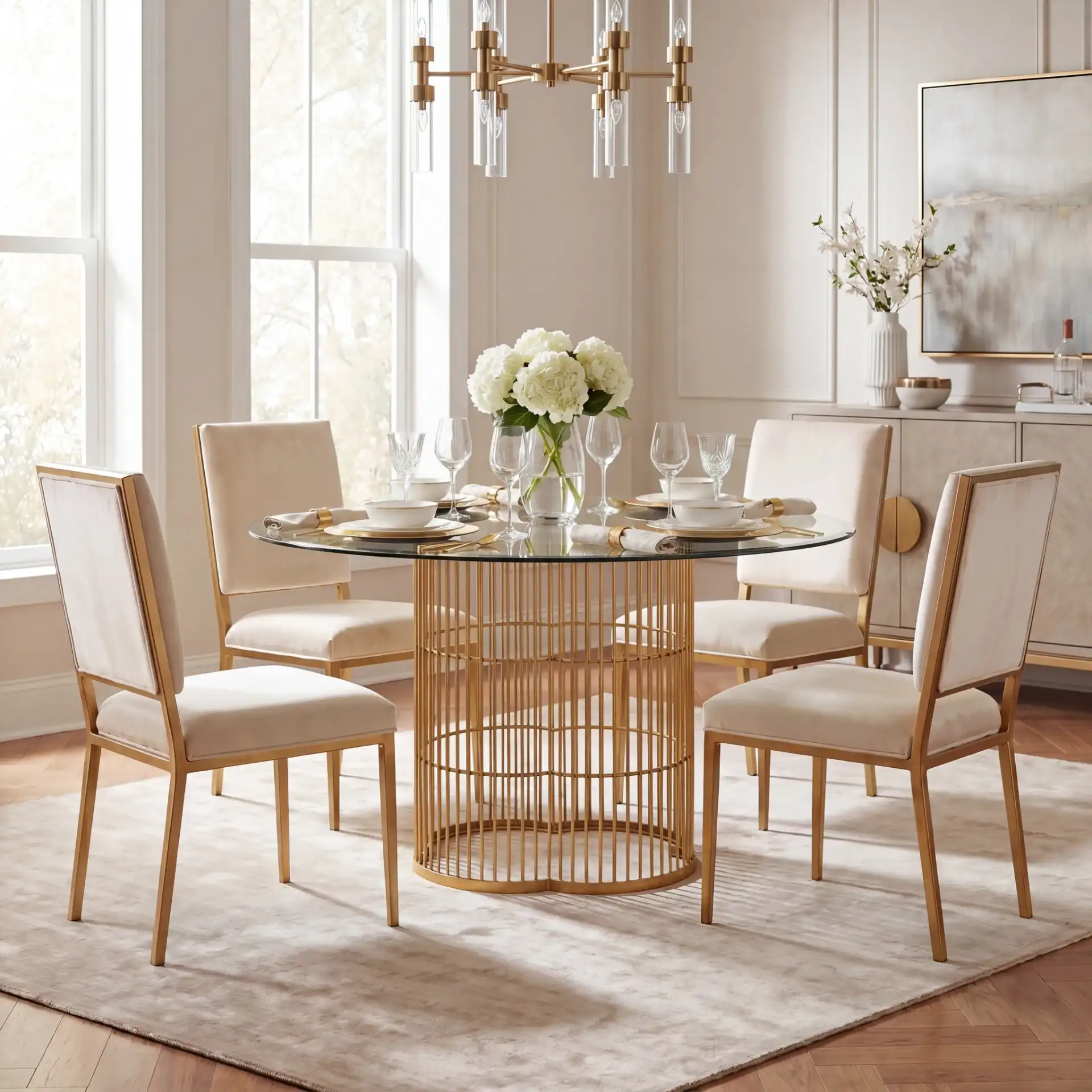 Noore 54-Inch Gold Dining Table in Gold / Clear in a styled room