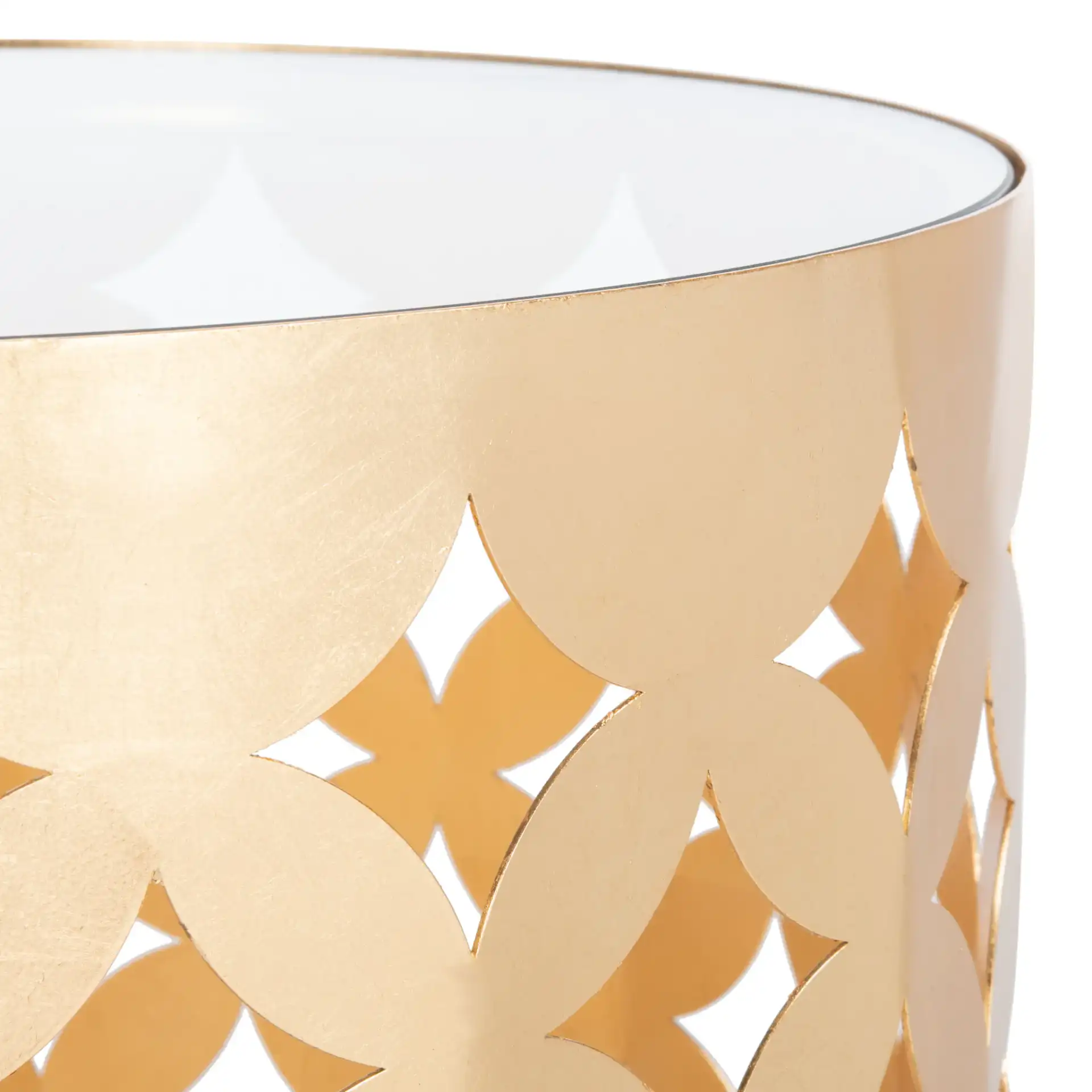 Cairo Round Gold Leaf End Table in Gold in a styled room