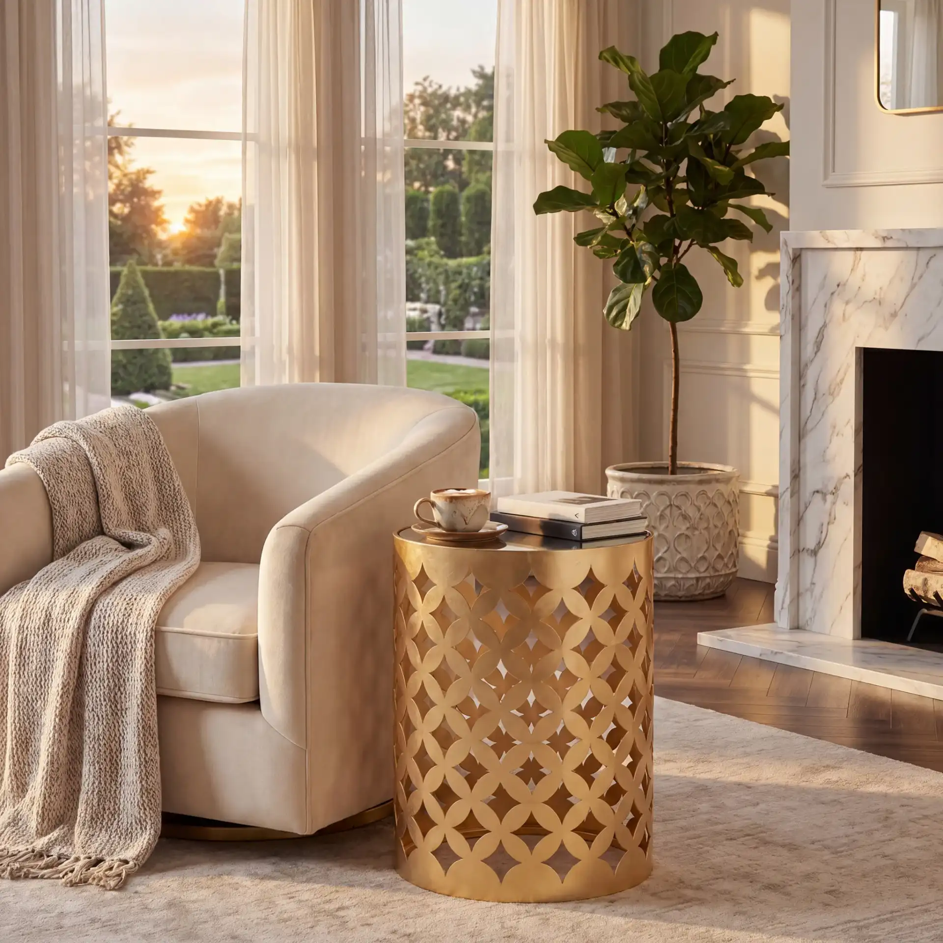 Cairo Round Gold Leaf End Table in Gold in a styled room