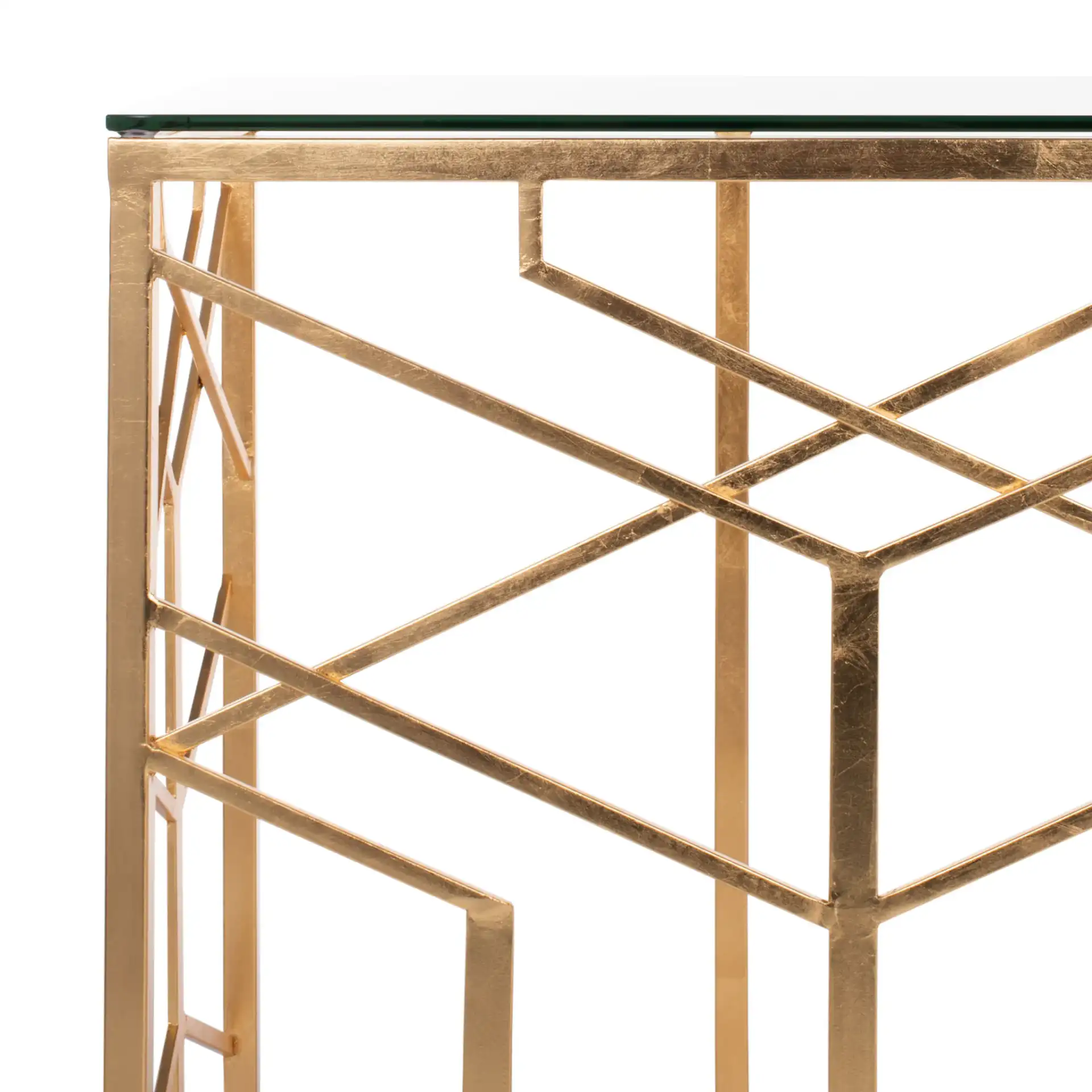 Sean Gold Leaf Console Table in Gold in a styled room