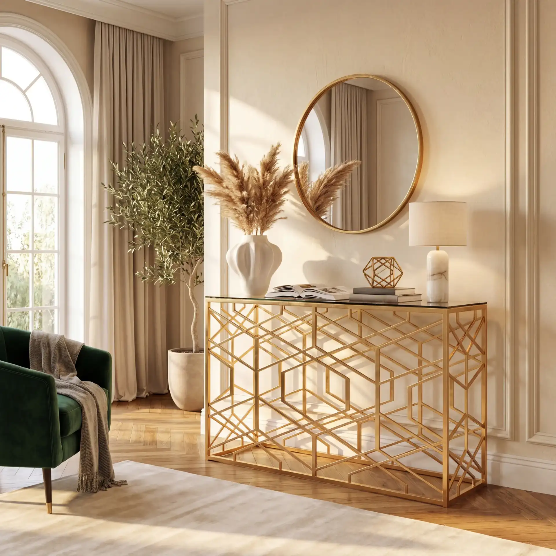Sean Gold Leaf Console Table in Gold in a styled room