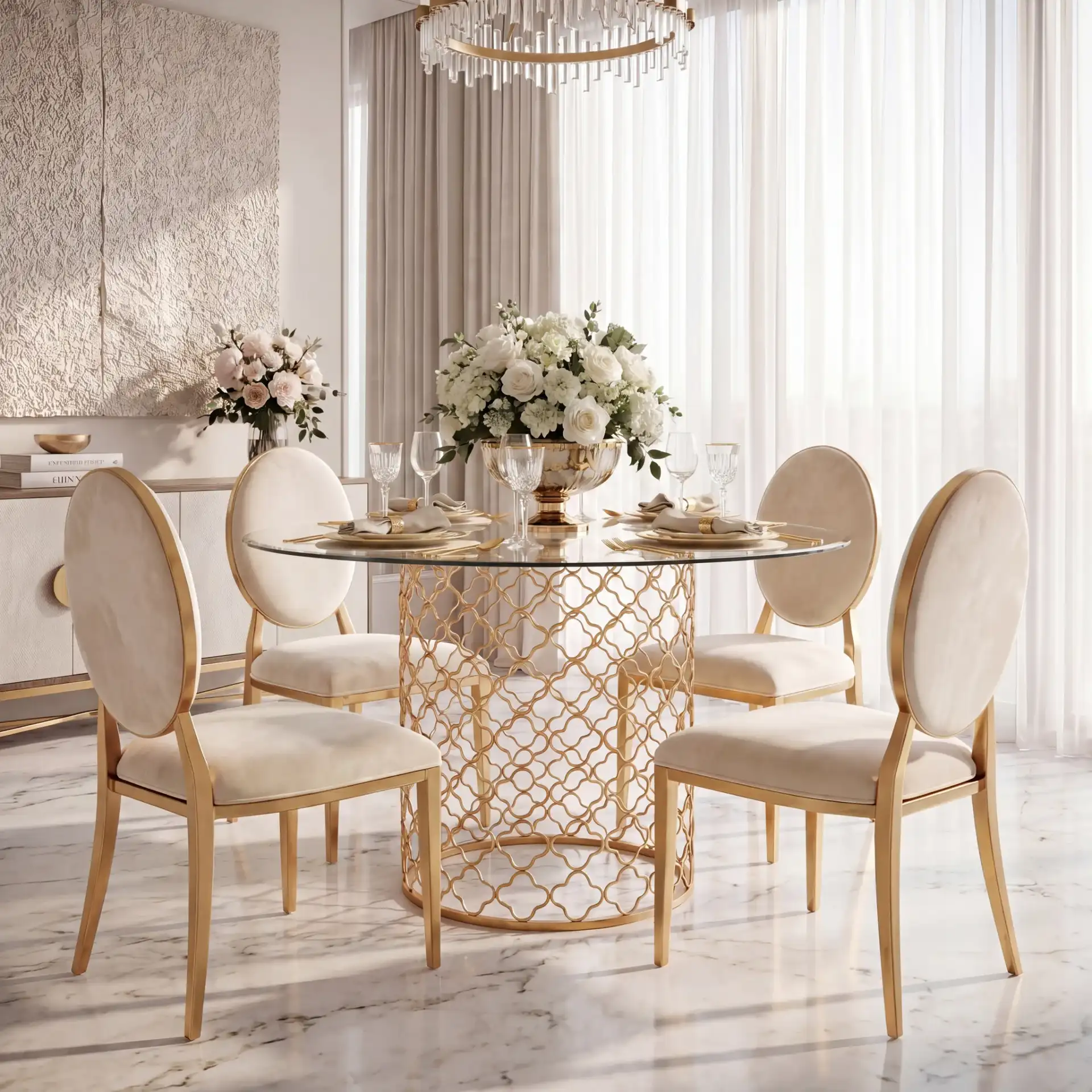 Sandrarose Metal Dining Table in Gold in a styled room
