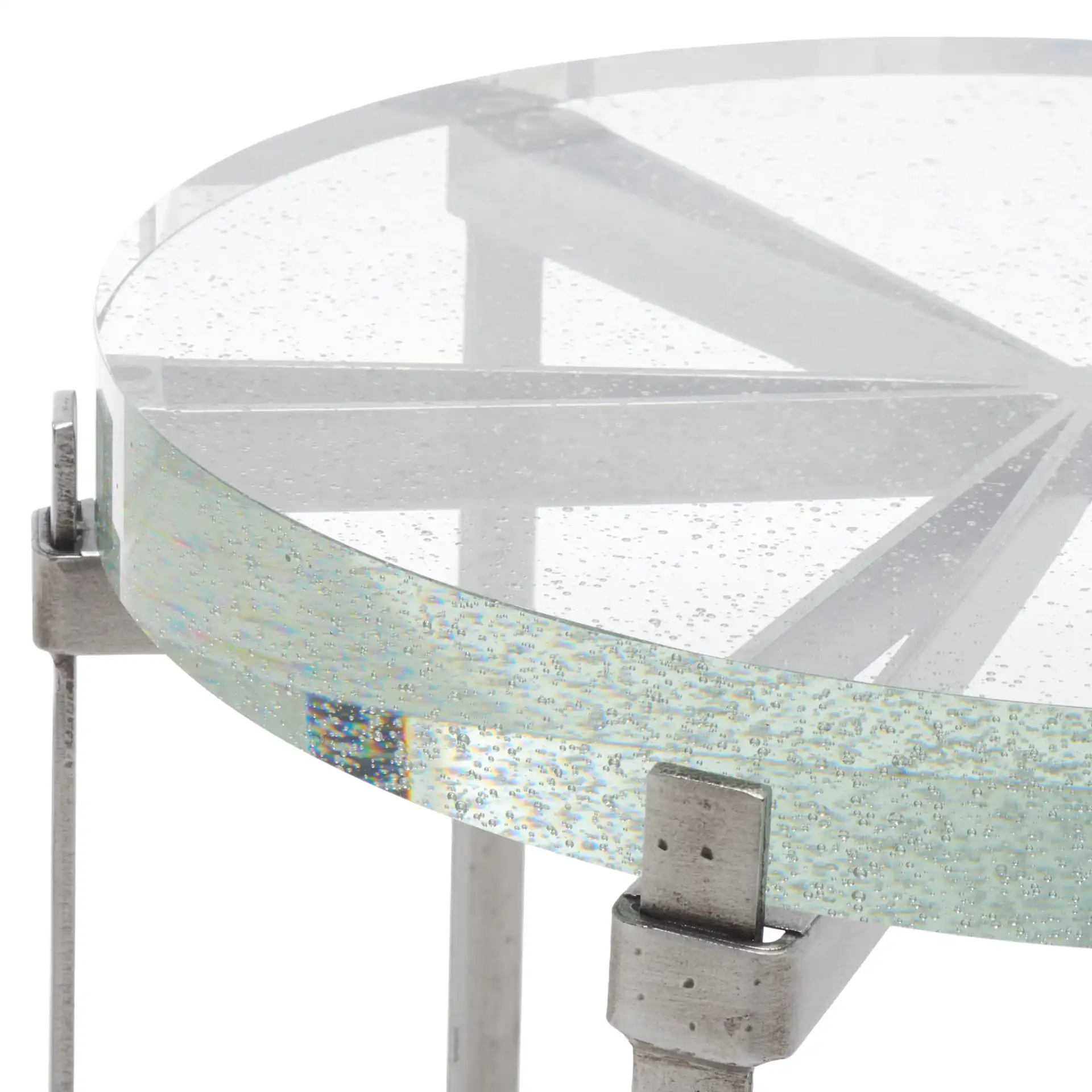 Evyanna Round Bubble Glass Table in Silver / Clear in a styled room