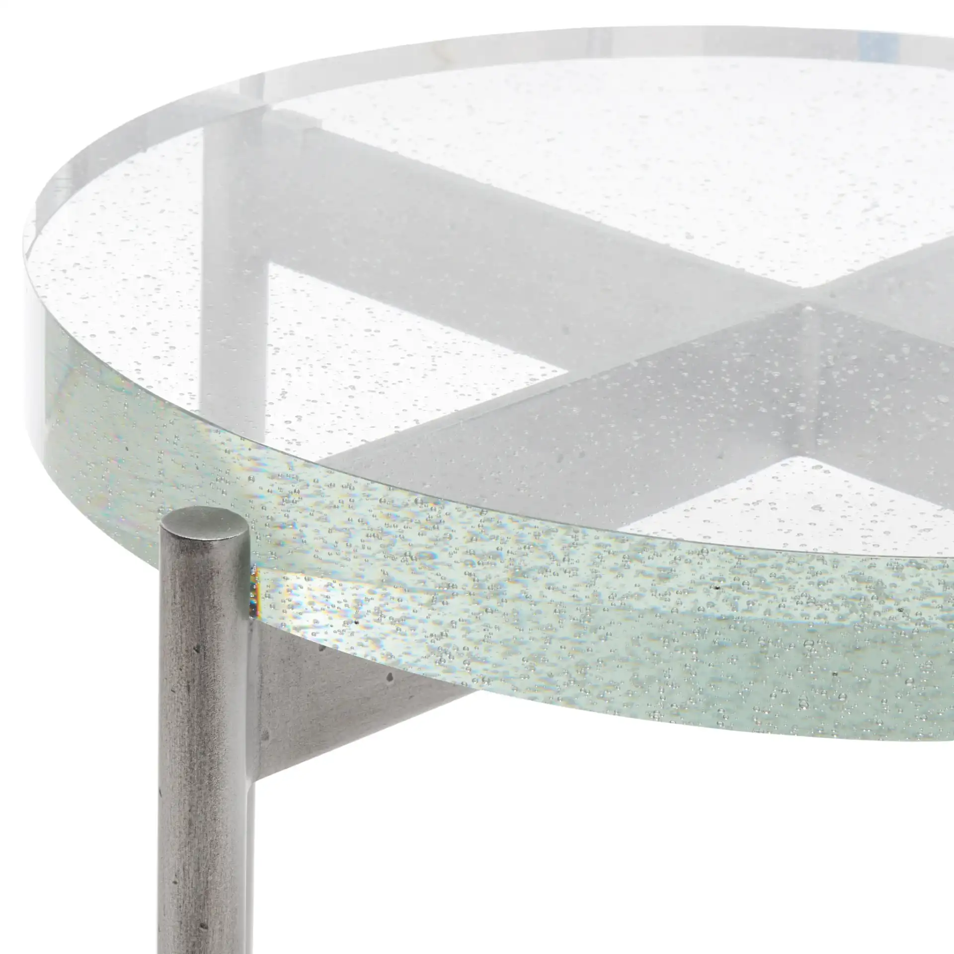 Adriella Round Bubble Glass Table in Silver / Clear in a styled room