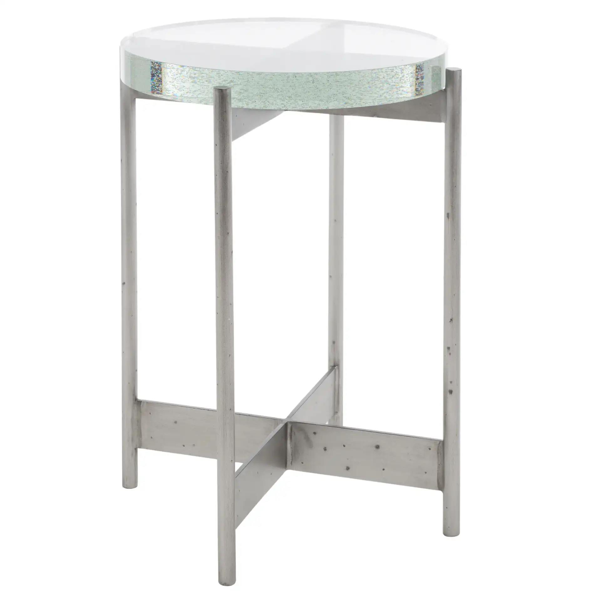 Adriella Round Bubble Glass Table in Silver / Clear, detail view