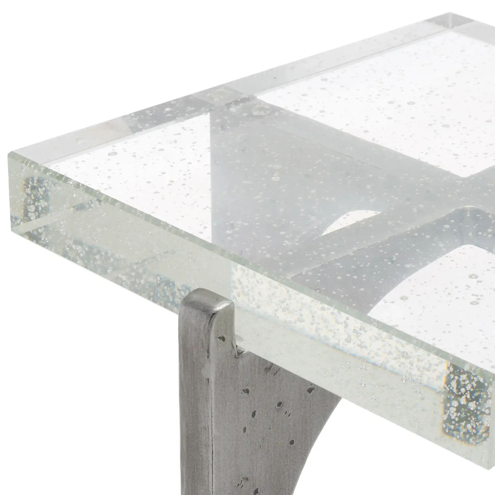 Tawny Square Bubble Glass Accent Table in Silver / Clear in a styled room
