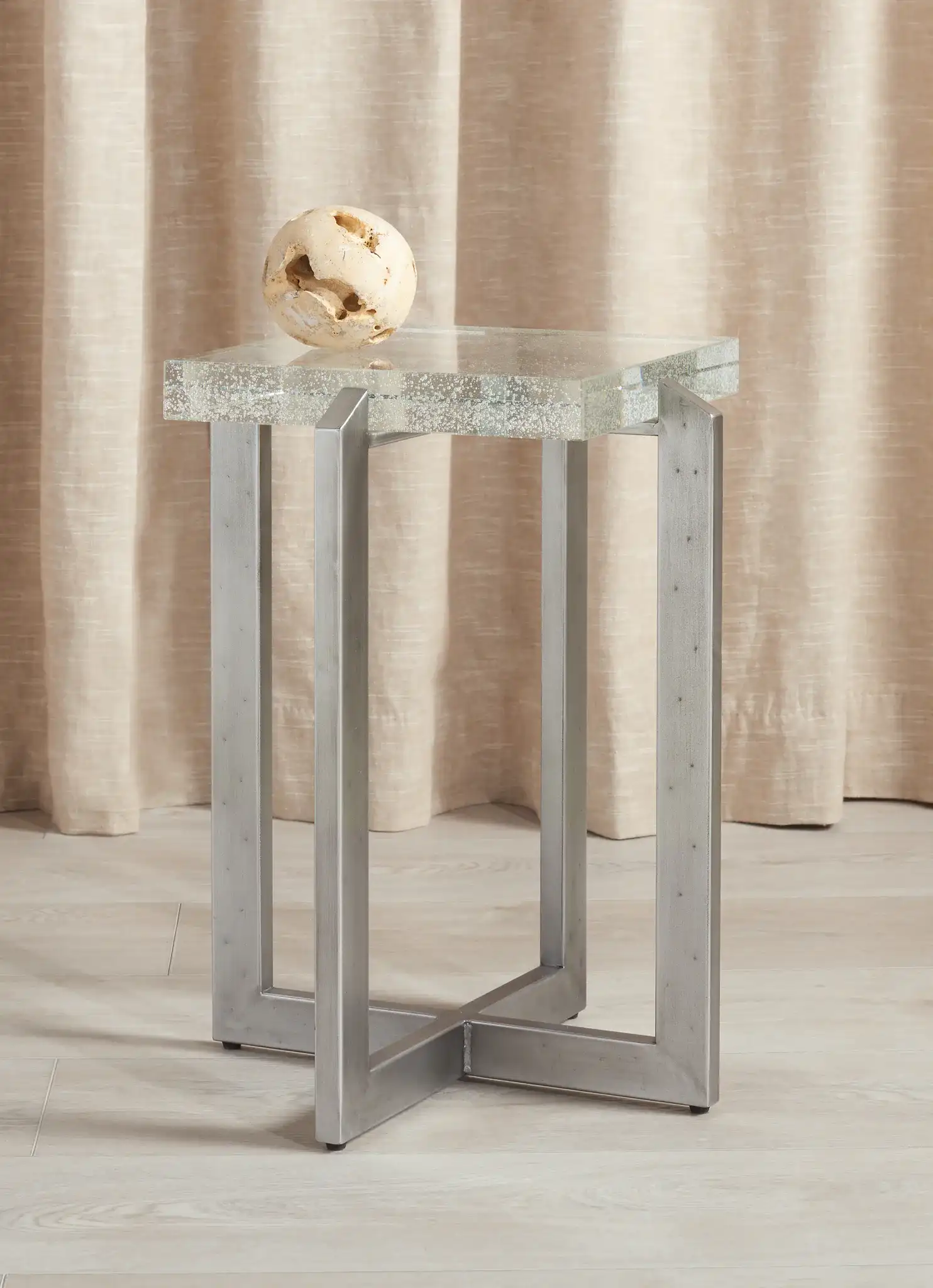 Pixie Square Bubble Glass Accent Table in Silver / Clear in a styled room