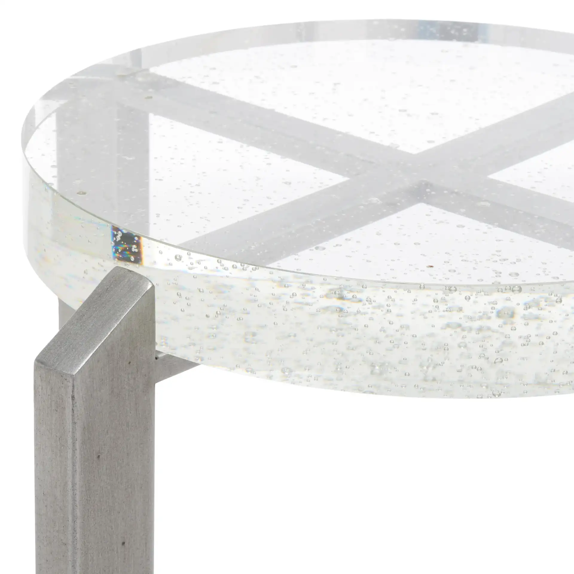 Pixie Round Bubble Glass Accent Table in Silver / Clear in a styled room