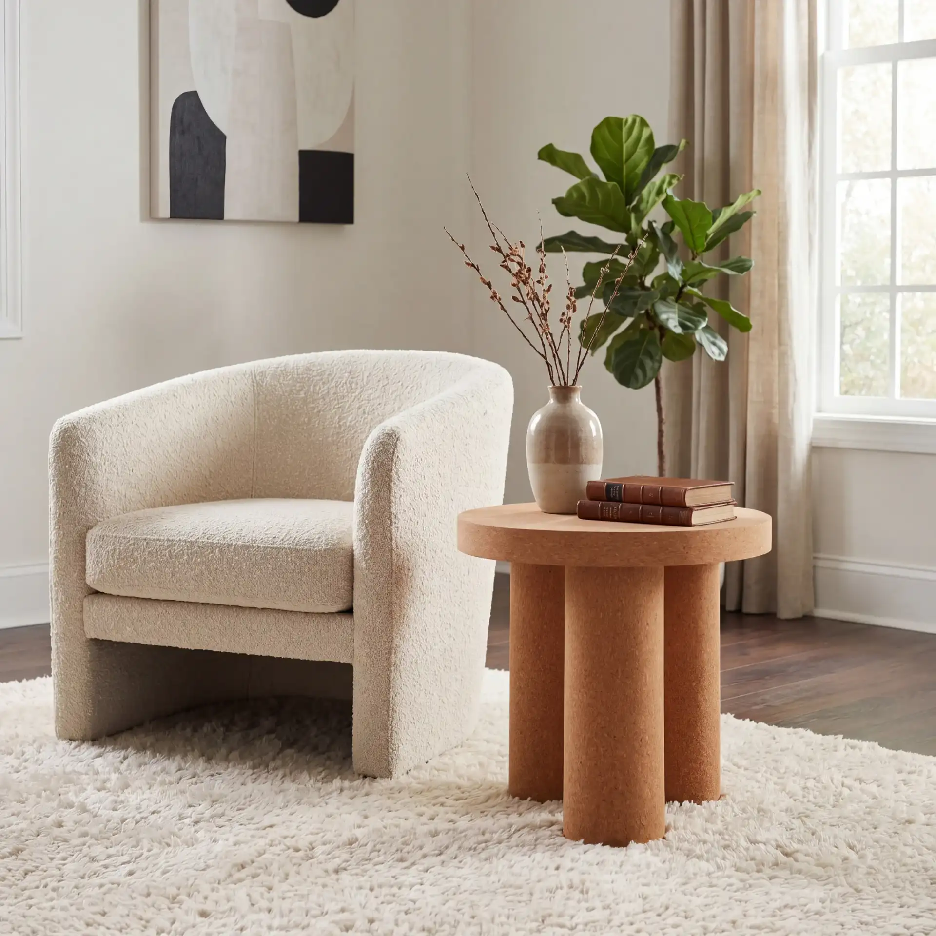 Gilligan Cork Three-Leg Accent Table in Cork in a styled room