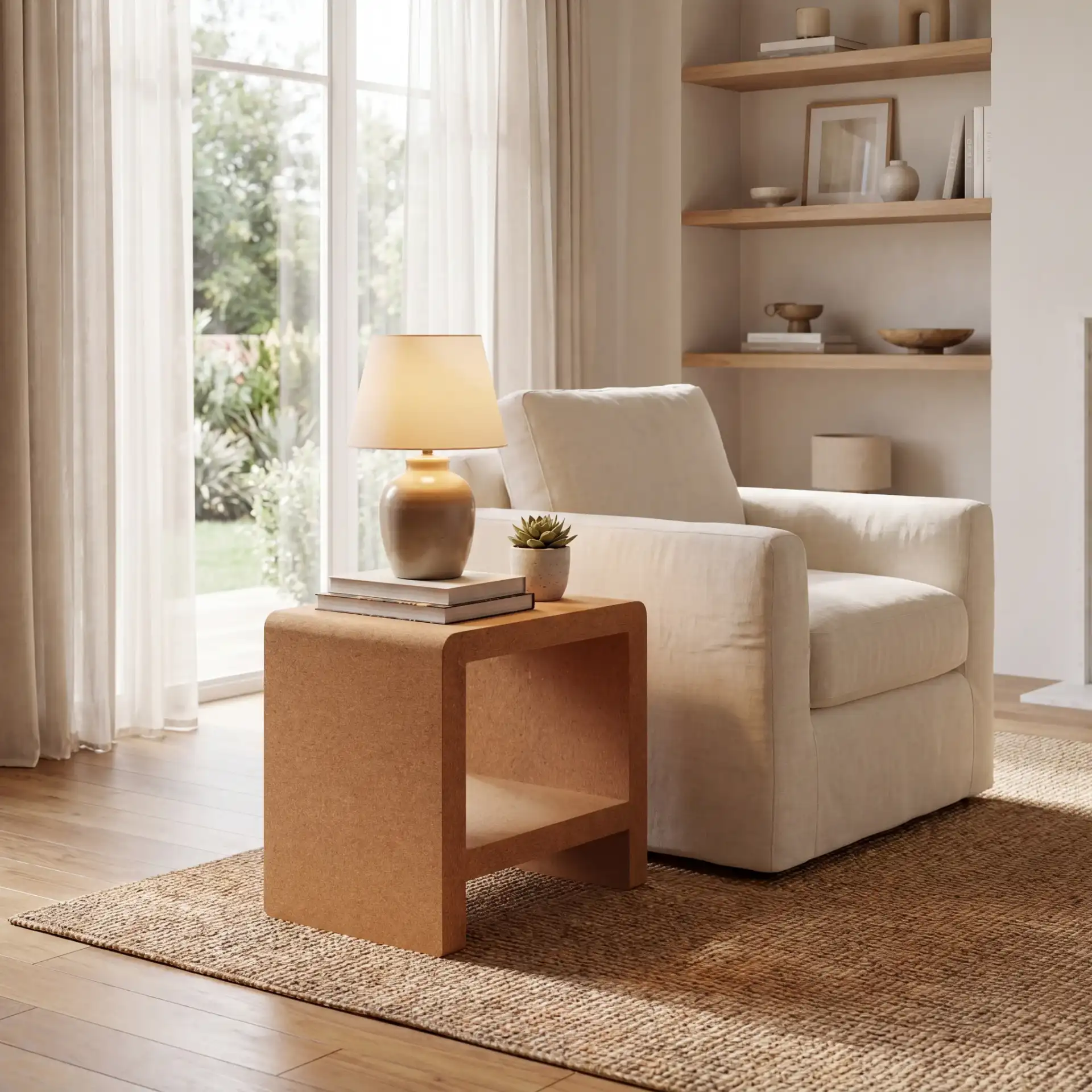 Daysie Cork Accent Table in Cork in a styled room
