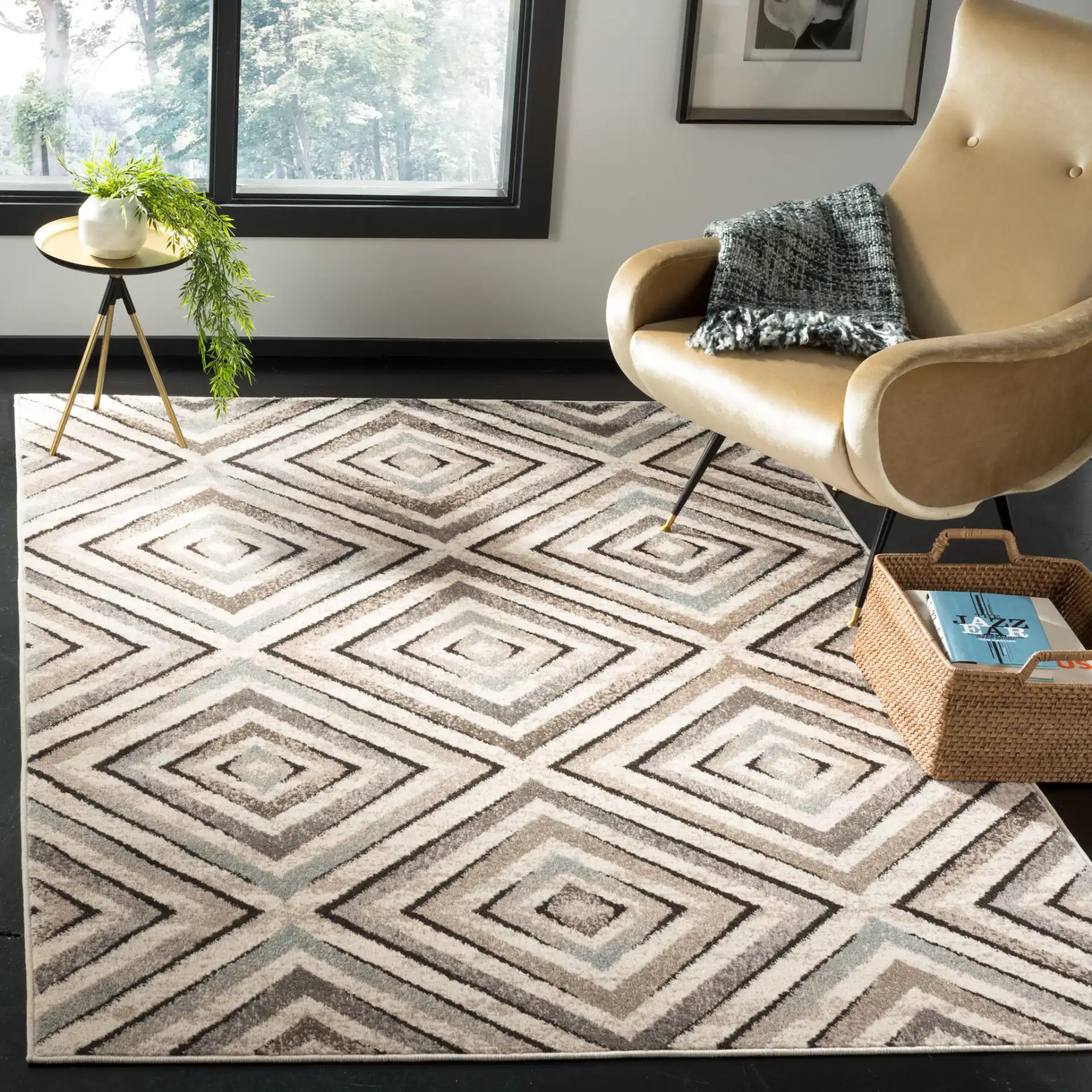 Amsterdam Nested Diamond Rug in Cream / Beige in a styled room