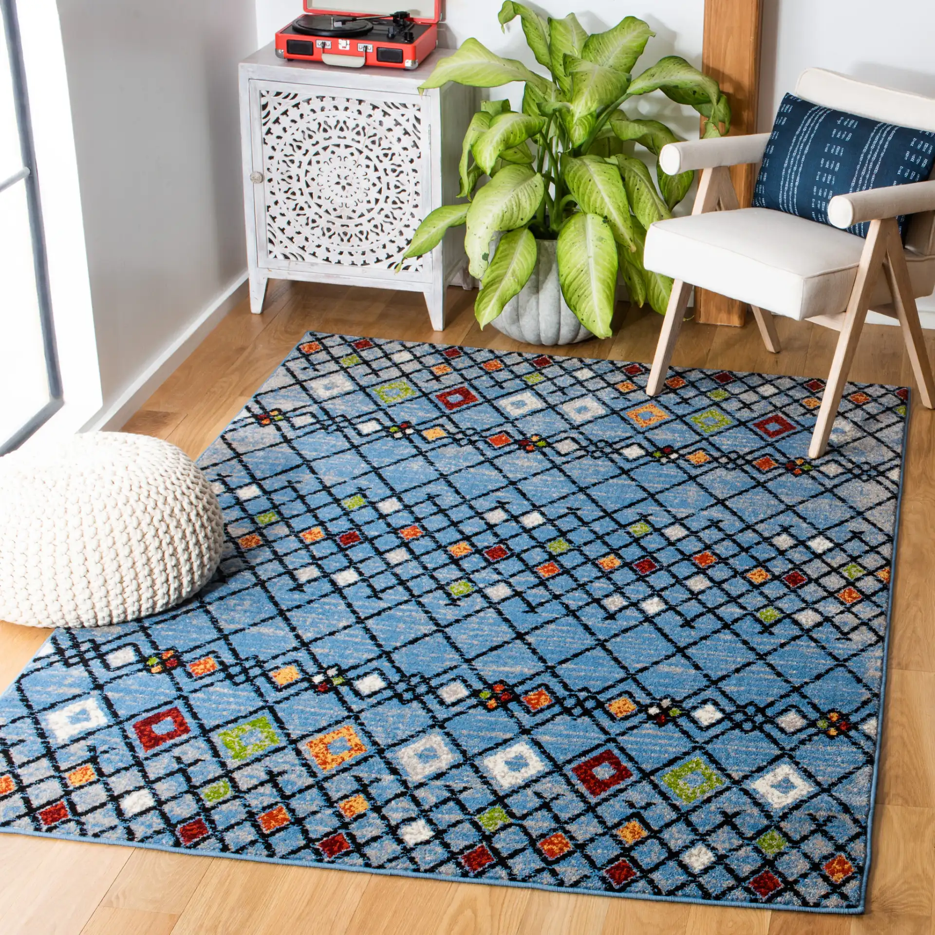 Amsterdam Banded Diamond Rug in Blue / Ivory in a styled room
