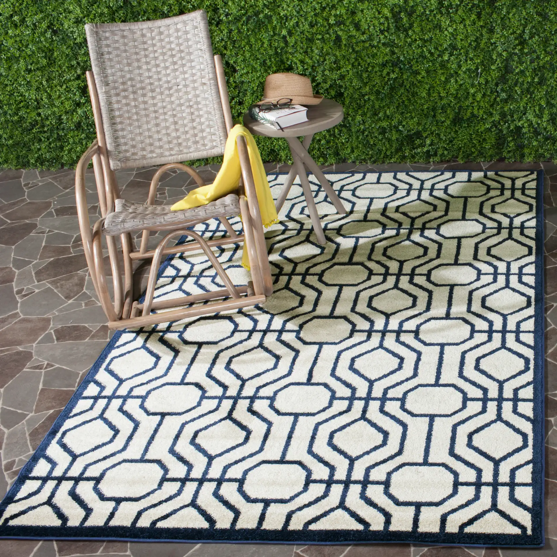 Amherst Interlocking Lattice Rug in Ivory / Navy in a styled room