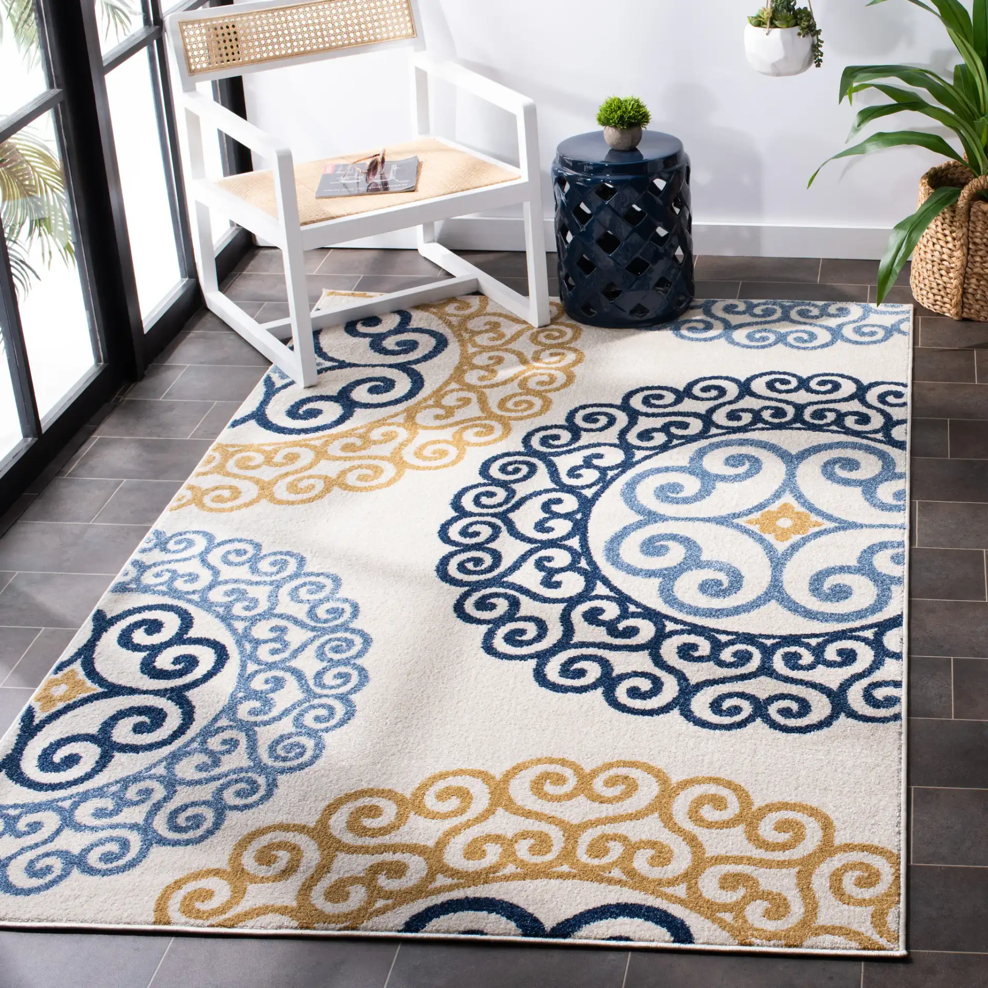 Amherst Scroll Medallion Rug in Ivory / Gold in a styled room