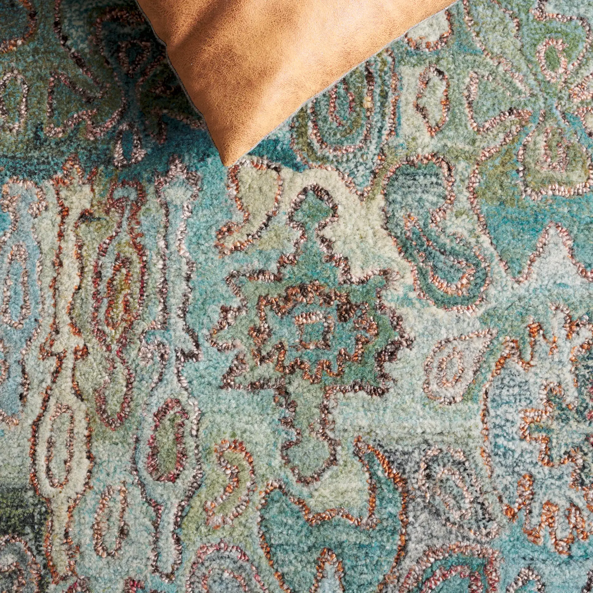 Anatolia Patchwork Hand-Tufted Rug in Teal / Green in a styled room