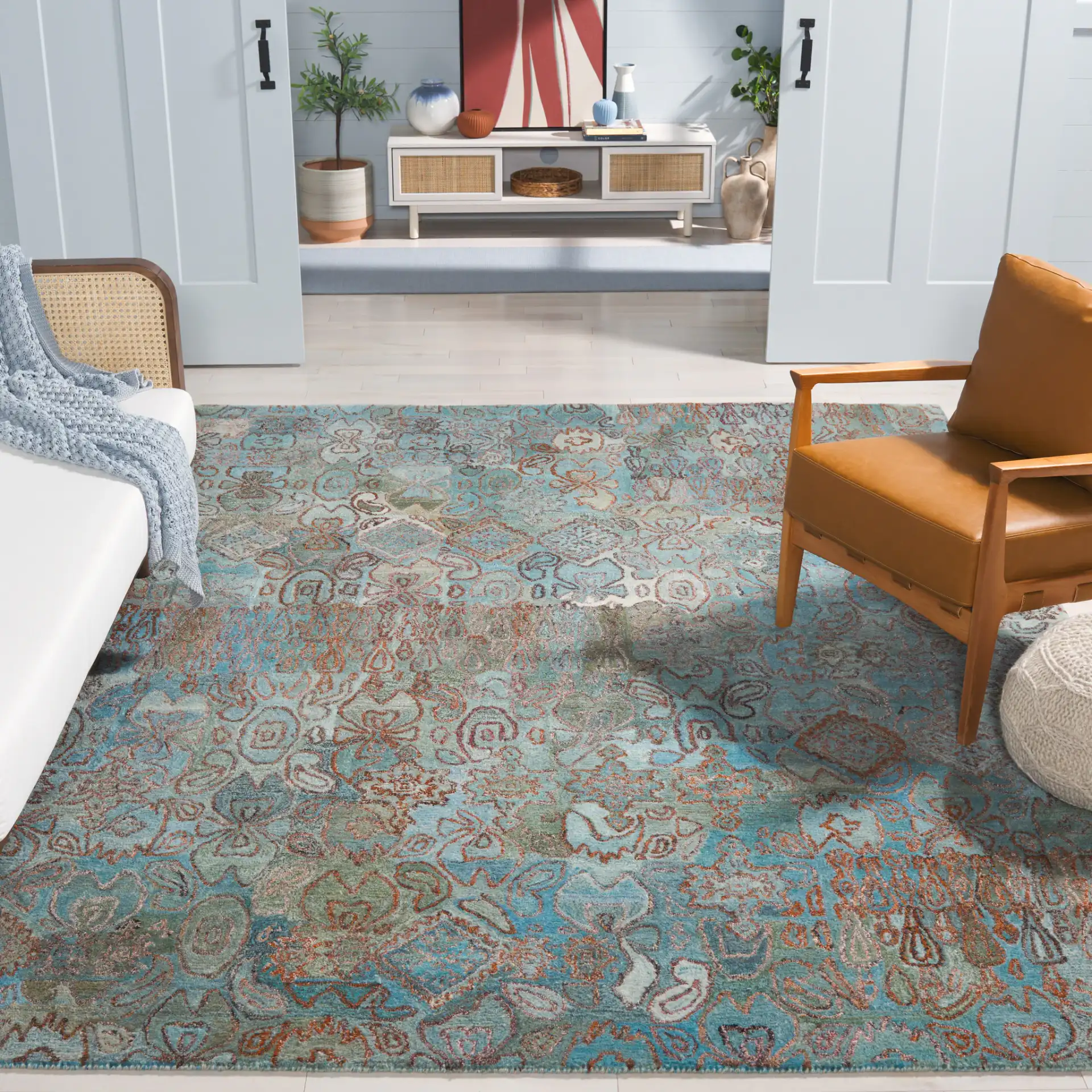 Anatolia Patchwork Hand-Tufted Rug in Teal / Green in a styled room