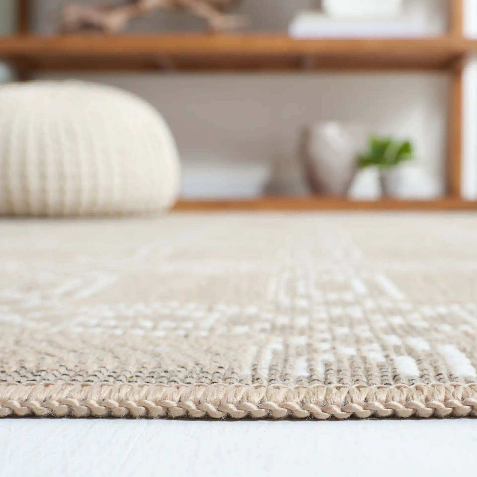 Aspect Interlocking Lattice Jute Rug in Natural / Ivory in a styled room