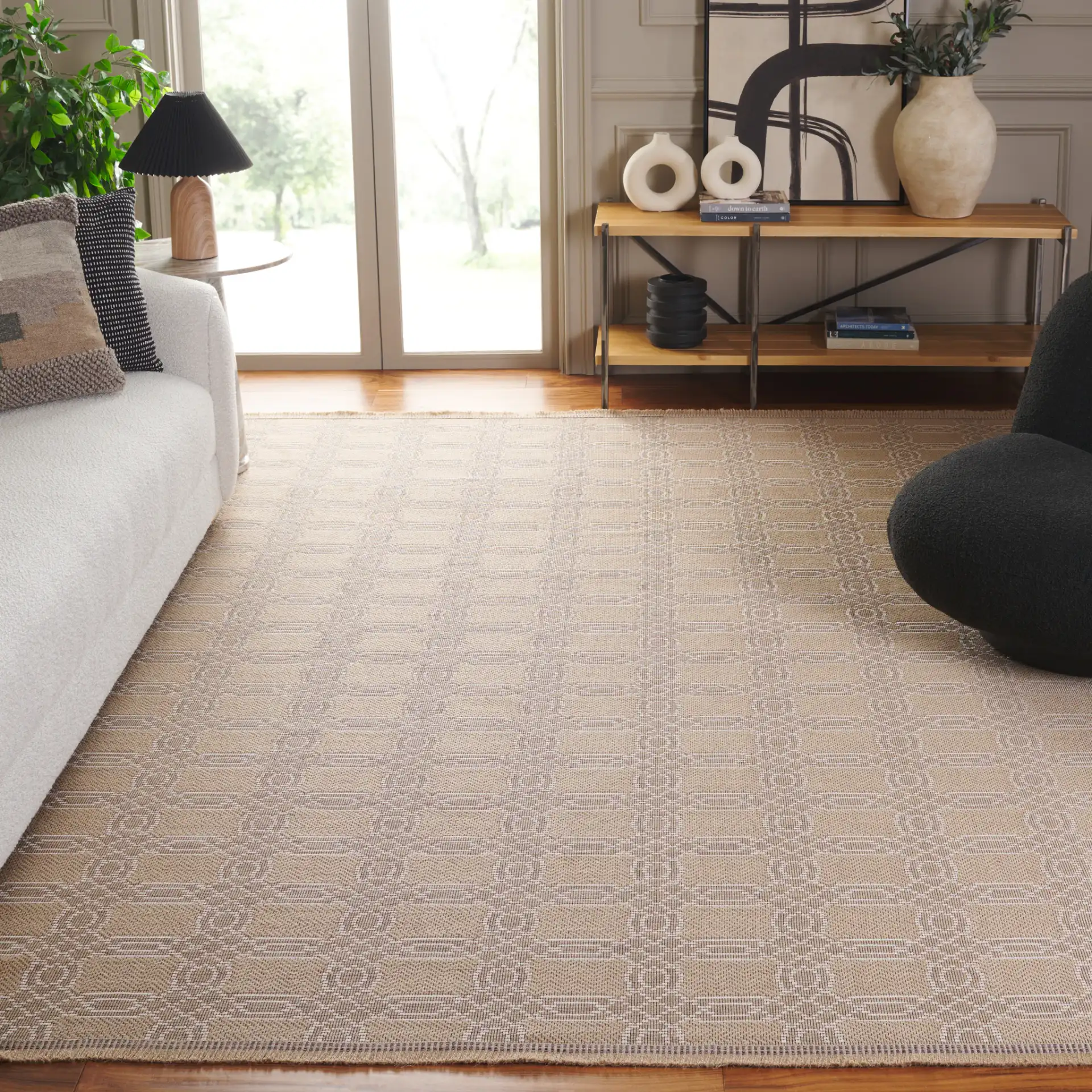 Aspect Interlocking Lattice Jute Rug in Natural / Ivory in a styled room