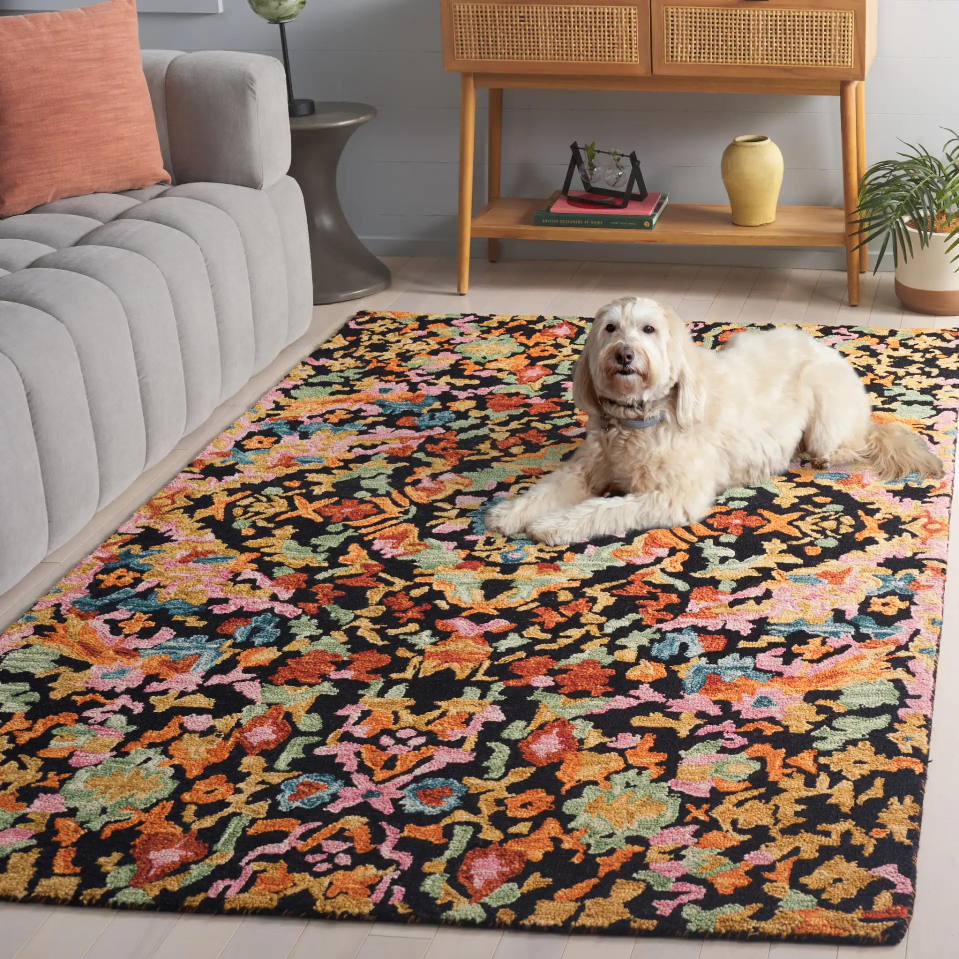 Aspen Mosaic Medallion Hand-Tufted Wool Rug in Black / Rust in a styled room