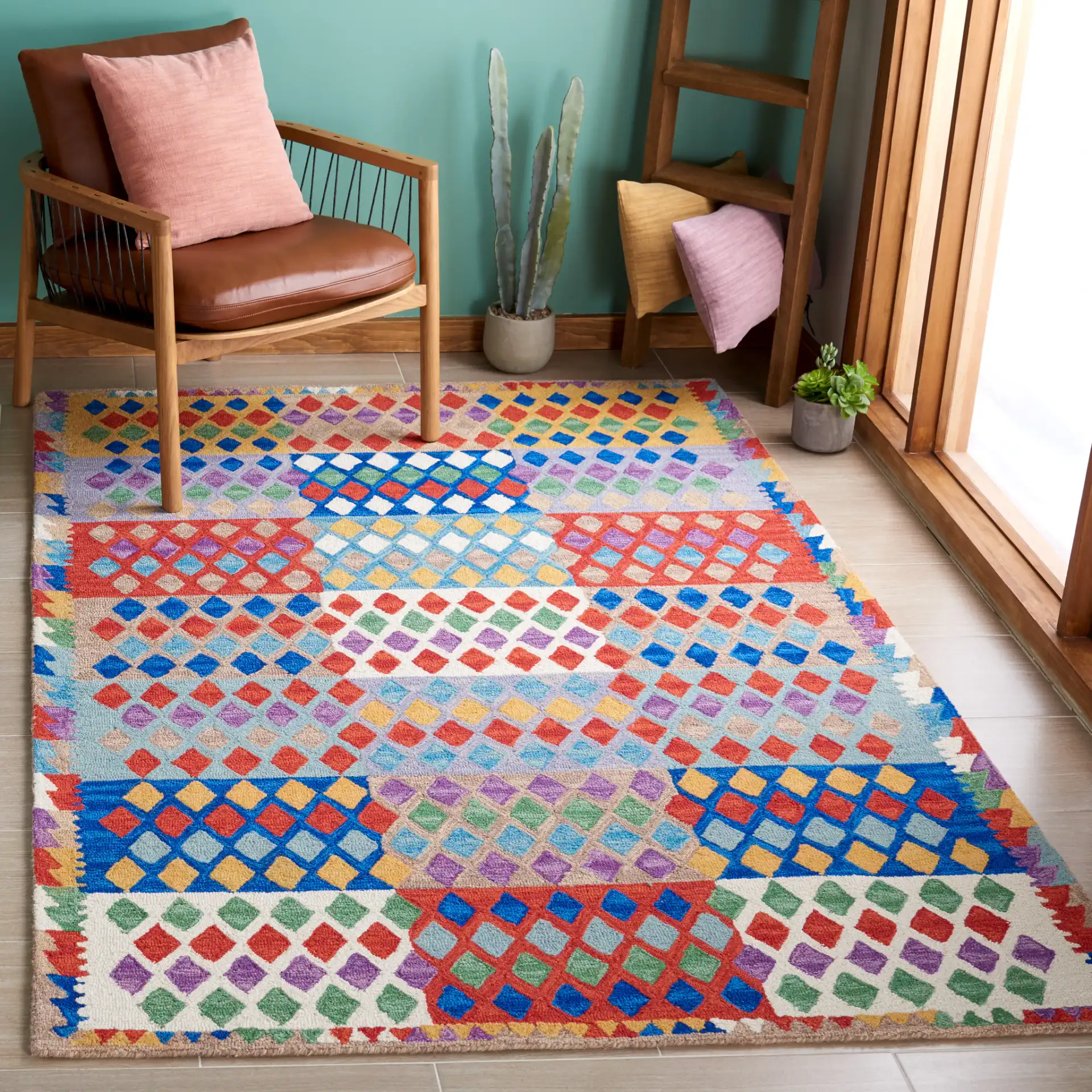 Aspen Patchwork Diamond Hand-Tufted Wool Rug in Red / Blue in a styled room