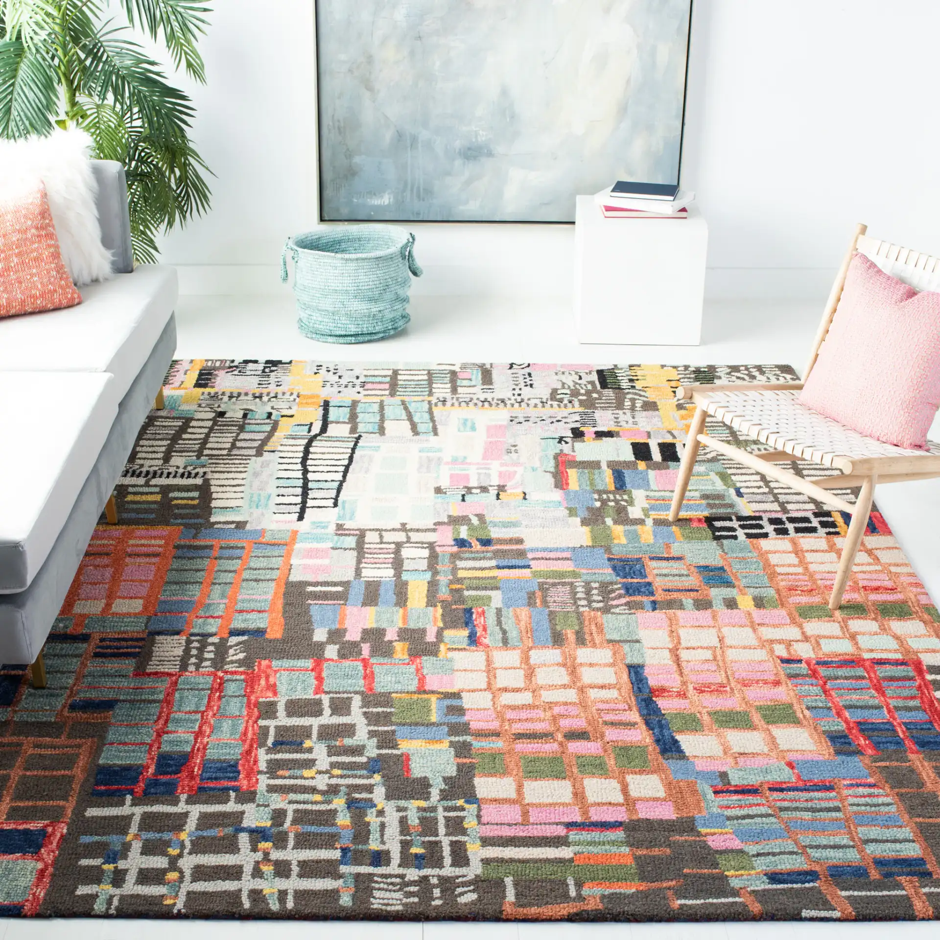 Aspen Patchwork Grid Hand-Tufted Wool Rug in Ivory / Black in a styled room