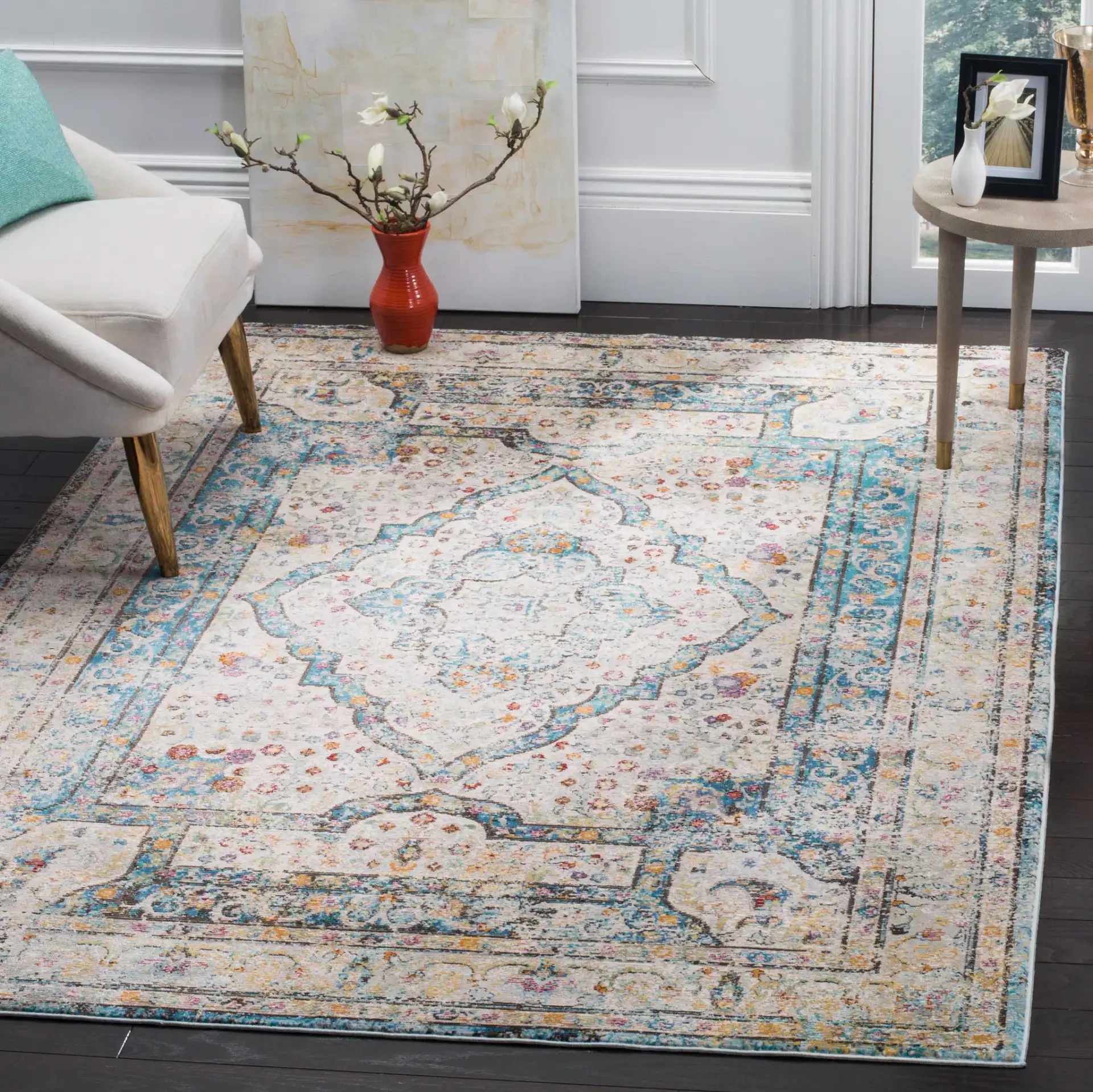 Aria Vintage Medallion Rug in Cream / Red in a styled room
