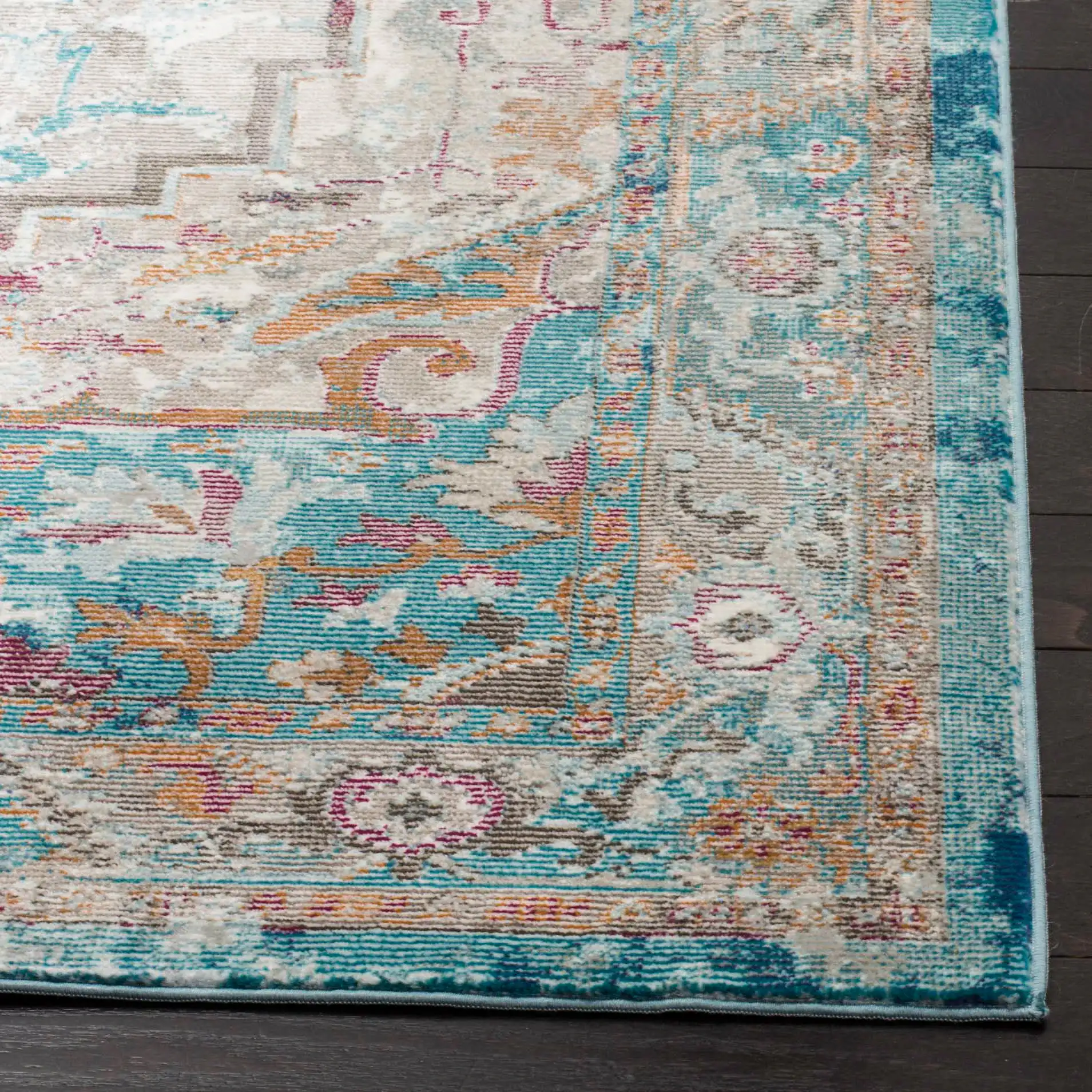 Aria Distressed Tribal Medallion Rug in Beige / Blue in a styled room