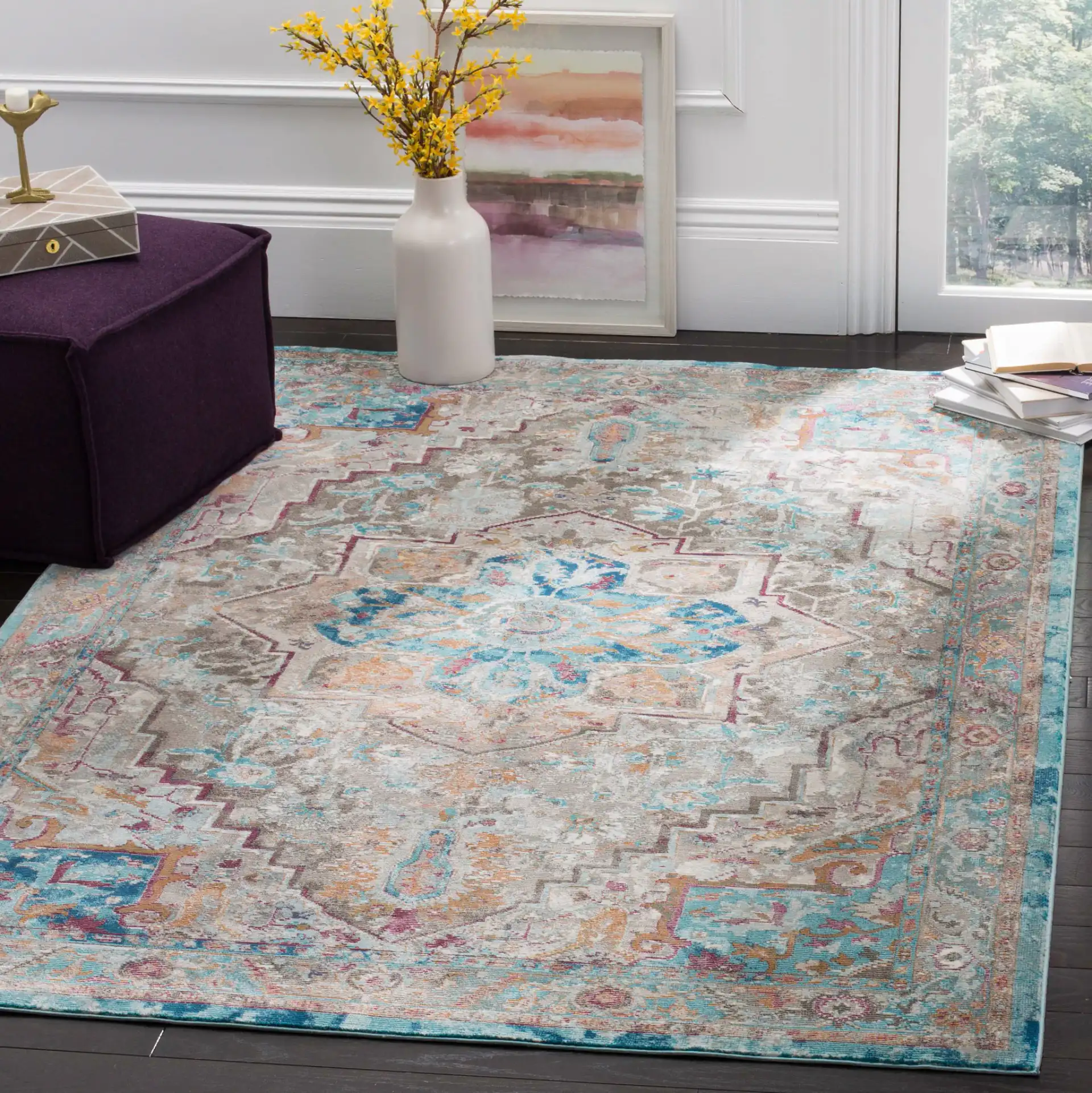 Aria Distressed Tribal Medallion Rug in Beige / Blue in a styled room