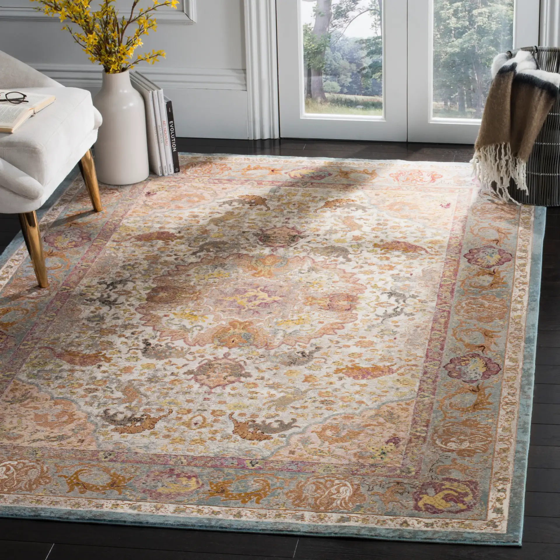 Aria Medallion Animal Rug in Beige / Orange in a styled room