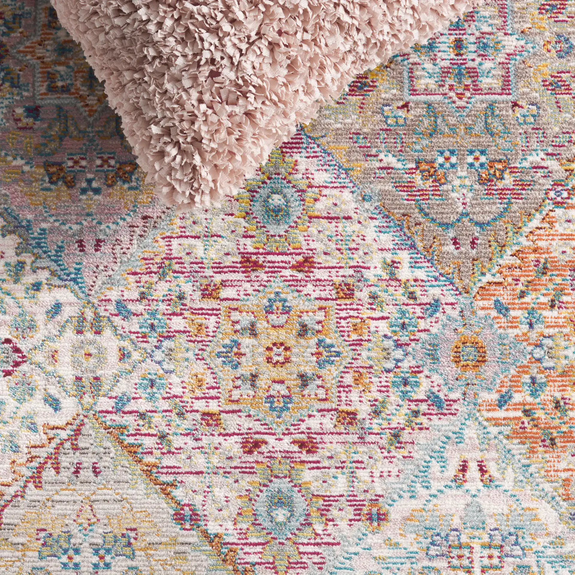Aria Tile Patchwork Rug in Cream / Multicolor in a styled room