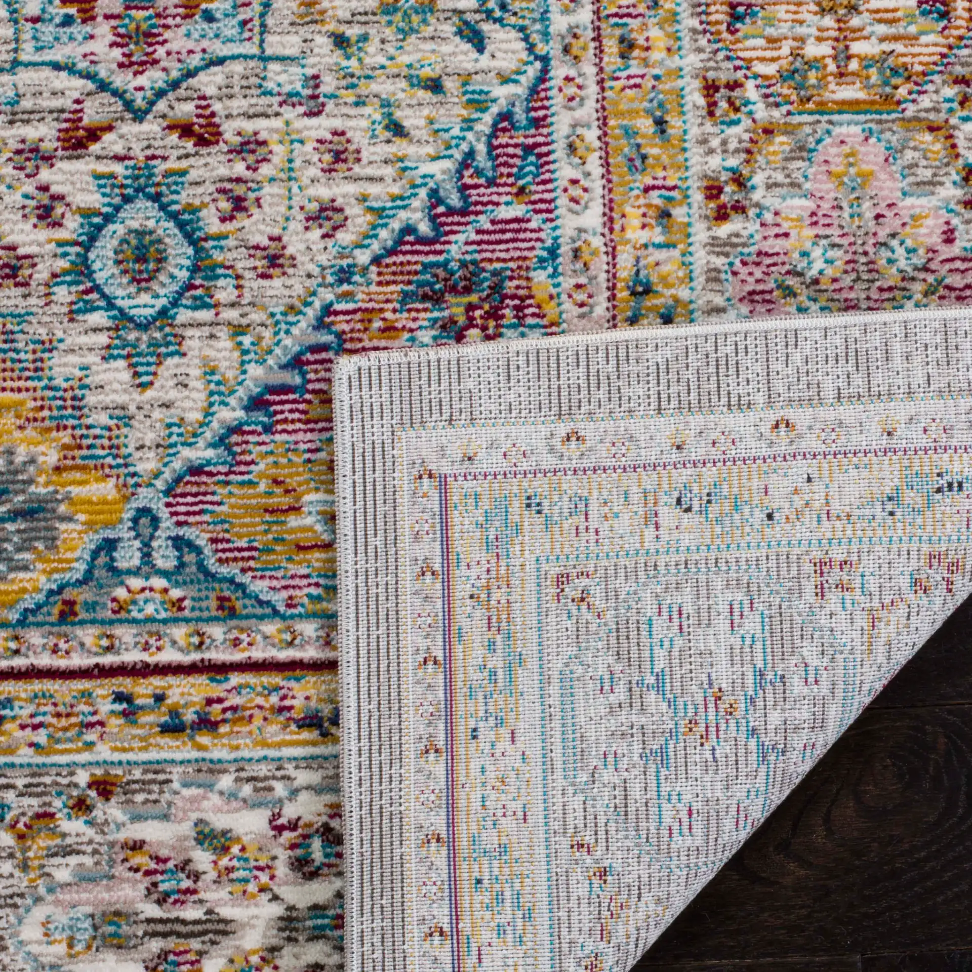 Aria Tile Patchwork Rug in Cream / Multicolor in a styled room