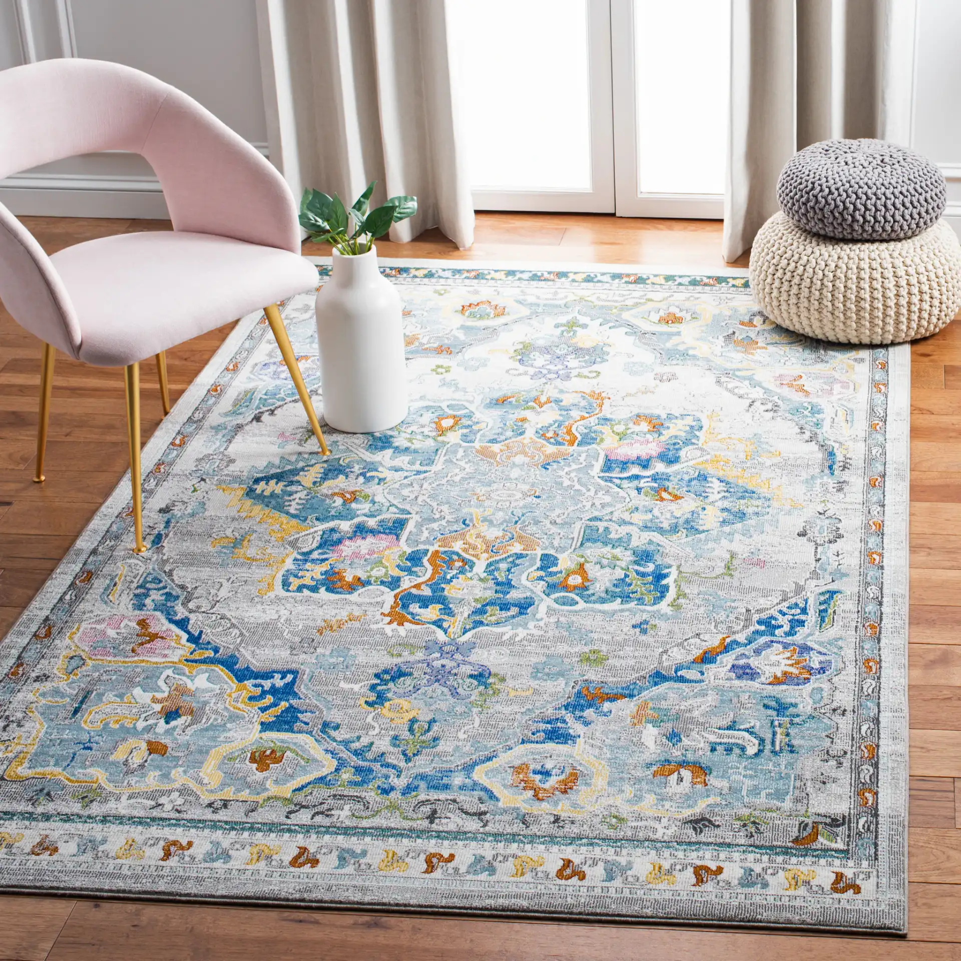 Aria Boho Medallion Rug in Gray / Blue in a styled room