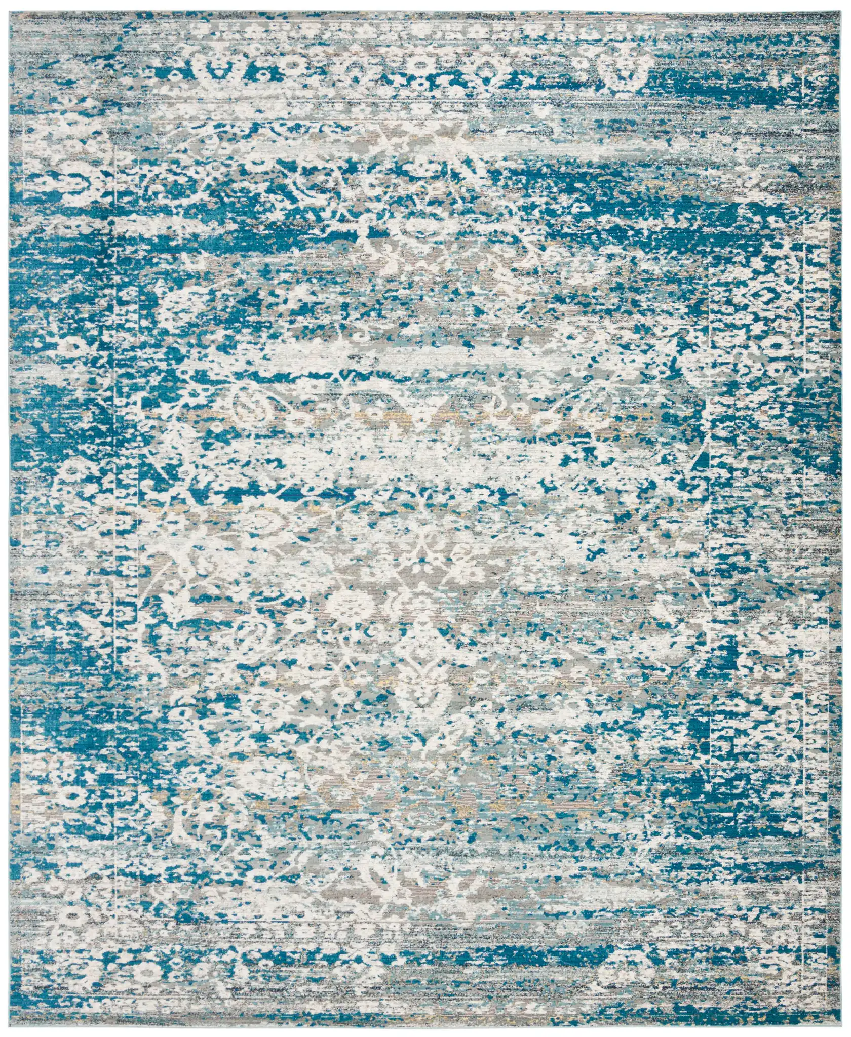 Aria Distressed Scroll Rug in Blue / Cream