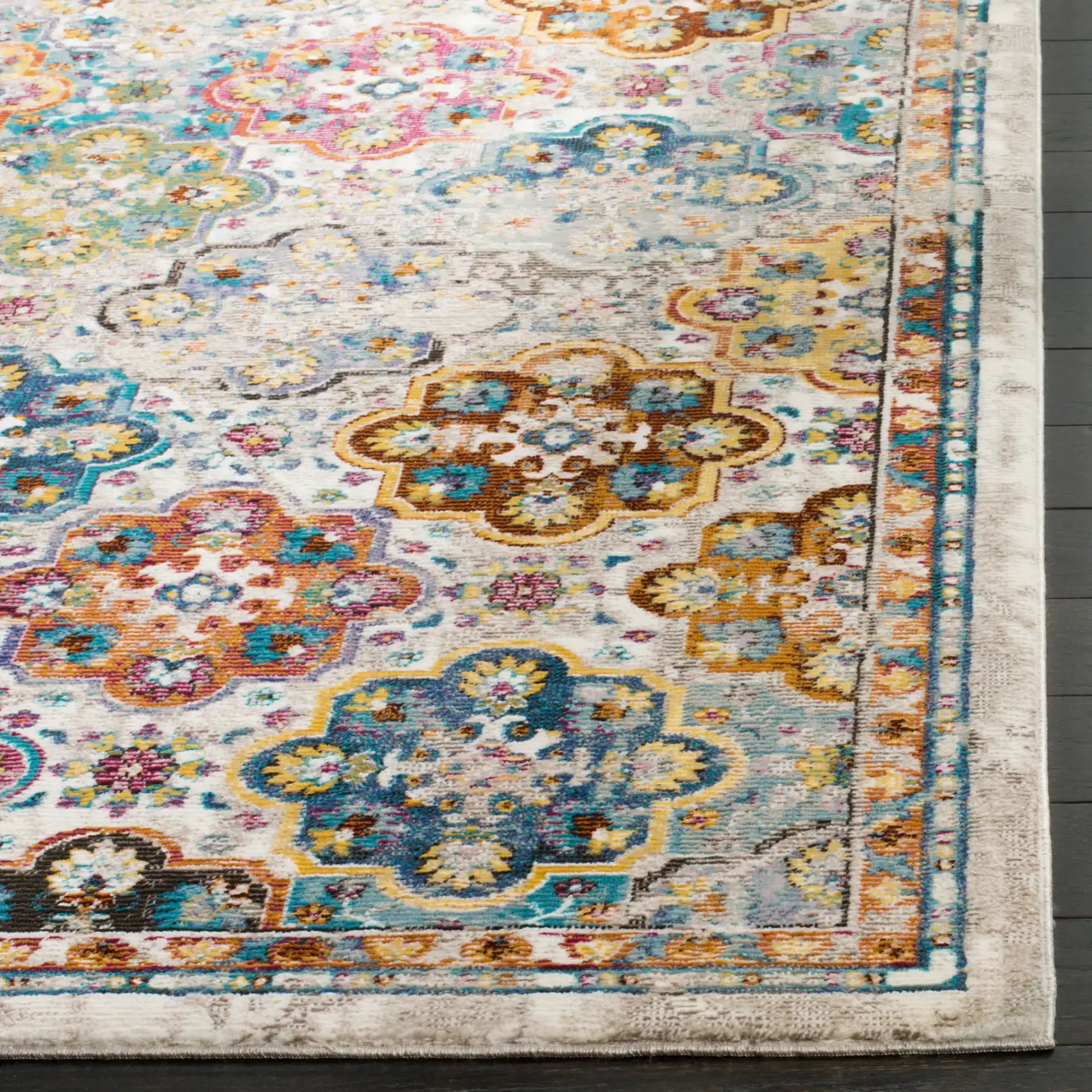 Aria Tile Rug in Beige / Multicolor in a styled room