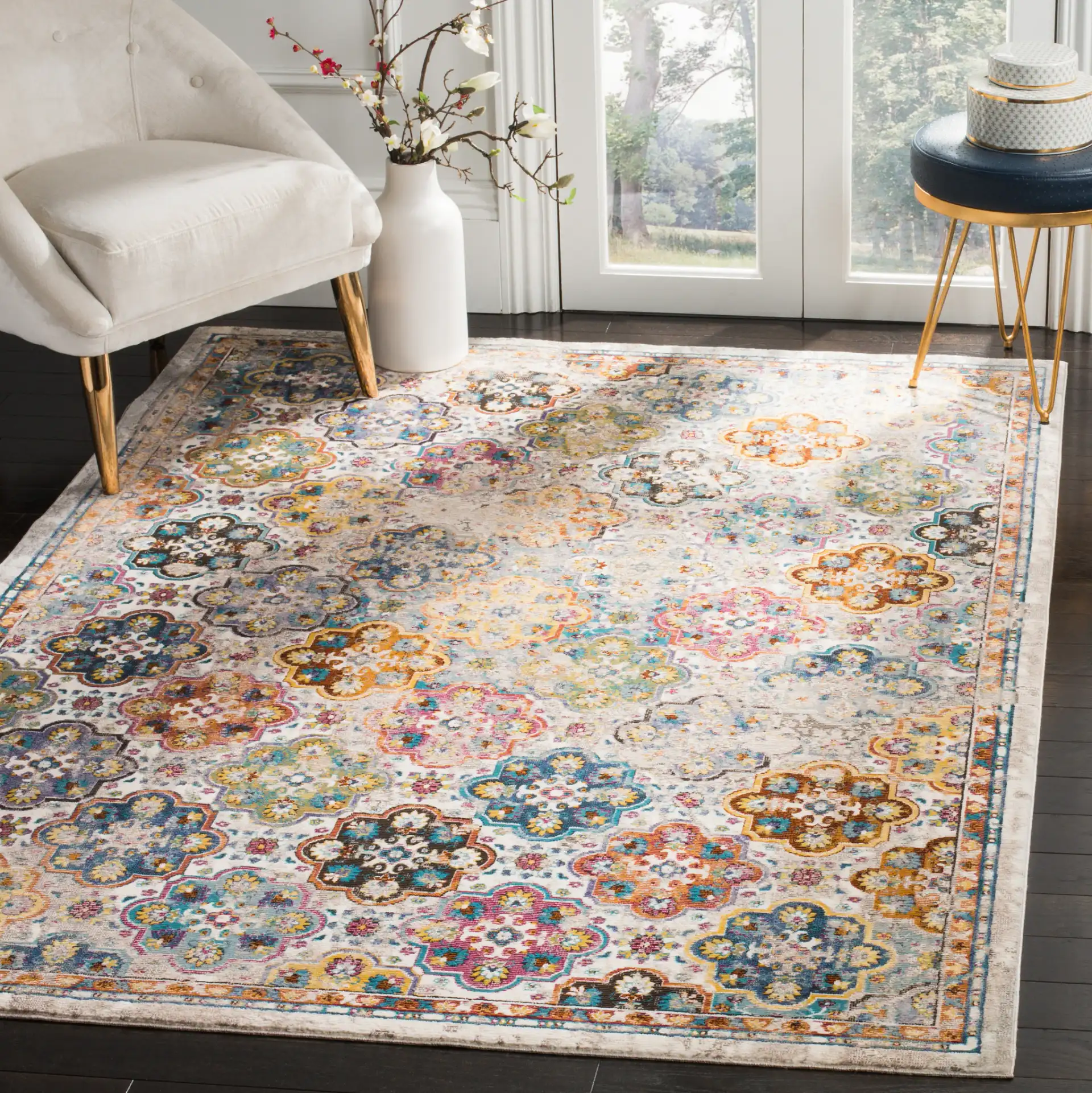 Aria Tile Rug in Beige / Multicolor in a styled room